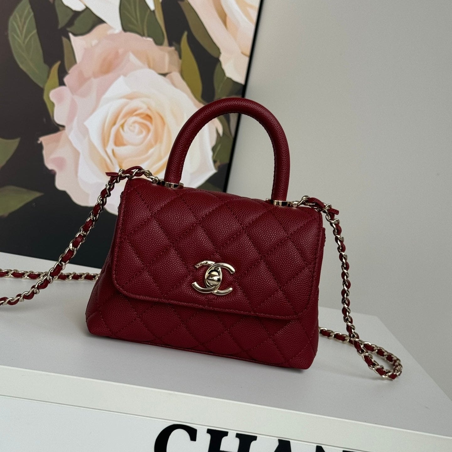 CC 24K Coco Handle Nano 14.5cm Burgundy Grained Calfskin Gold Hardware