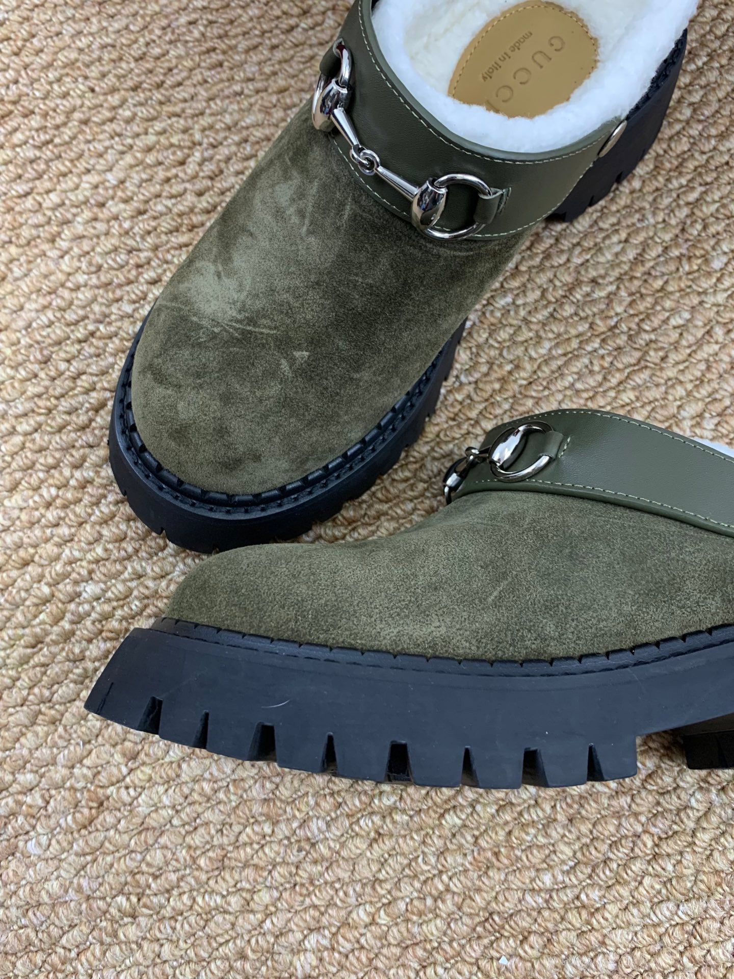 Gucci FW 25 Horsebit Suede Clog Dark Green  Suede with Shearling 506446