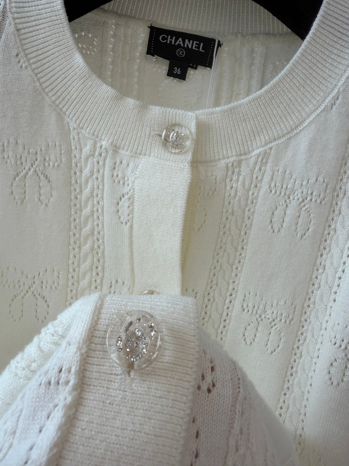 CC Crew Neck Short-Sleeved Cardigan White Cotton Silk 394825