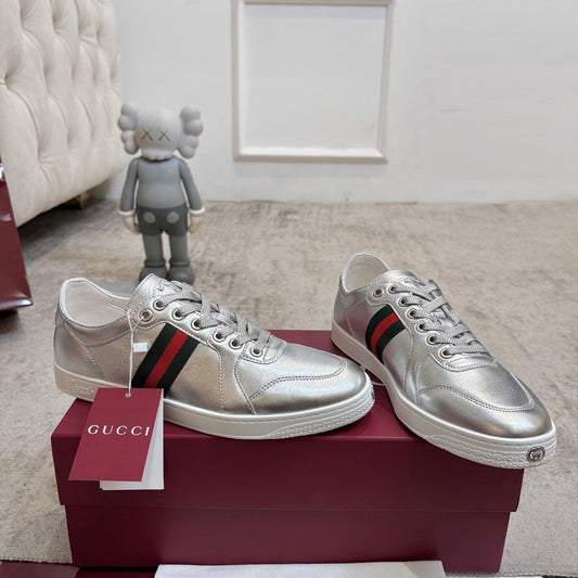GG Stretch Low-Top Trainers Metallic Silver Leather 824432