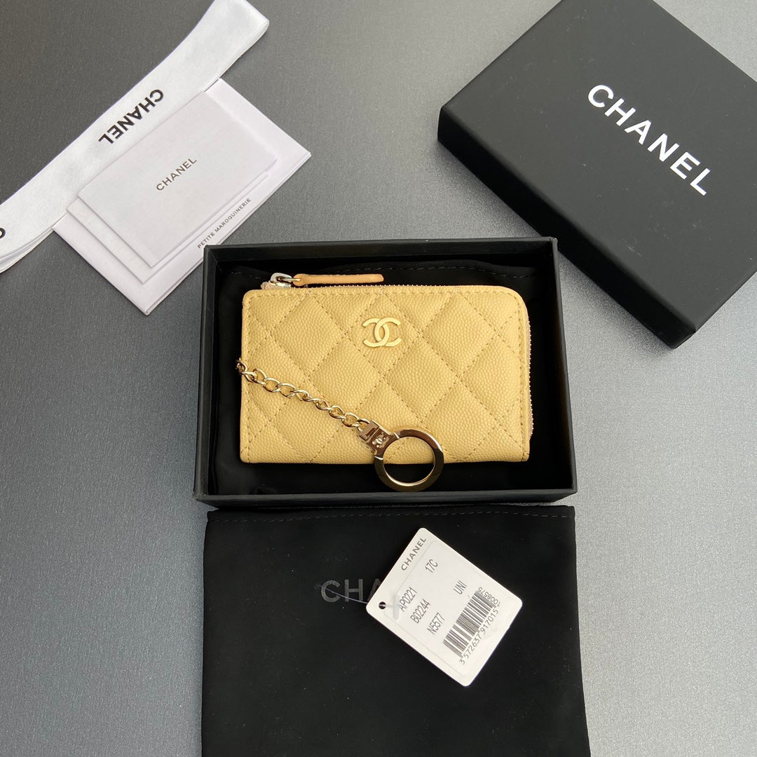 CC Hook & Chain Zipper Card Holder Yellow Caviar GHW 234715