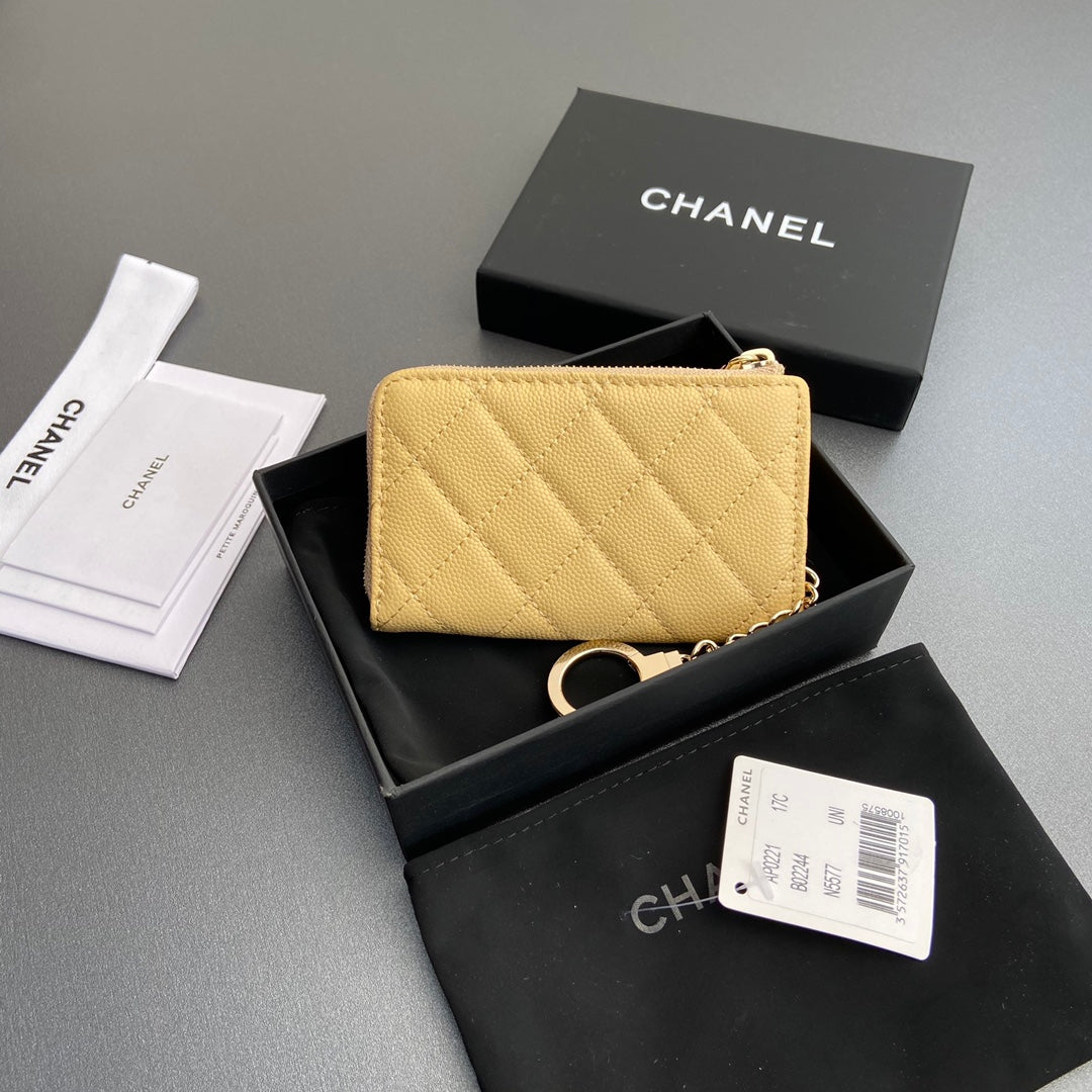 CC Hook & Chain Zipper Card Holder Yellow Caviar GHW 234715