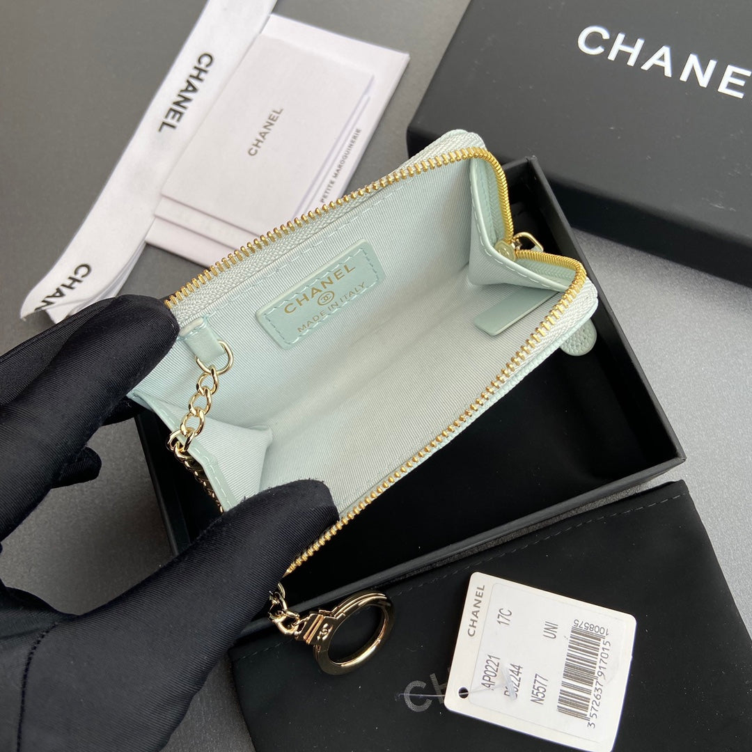 CC Hook & Chain Zipper Card Holder Light Blue Caviar GHW 234723
