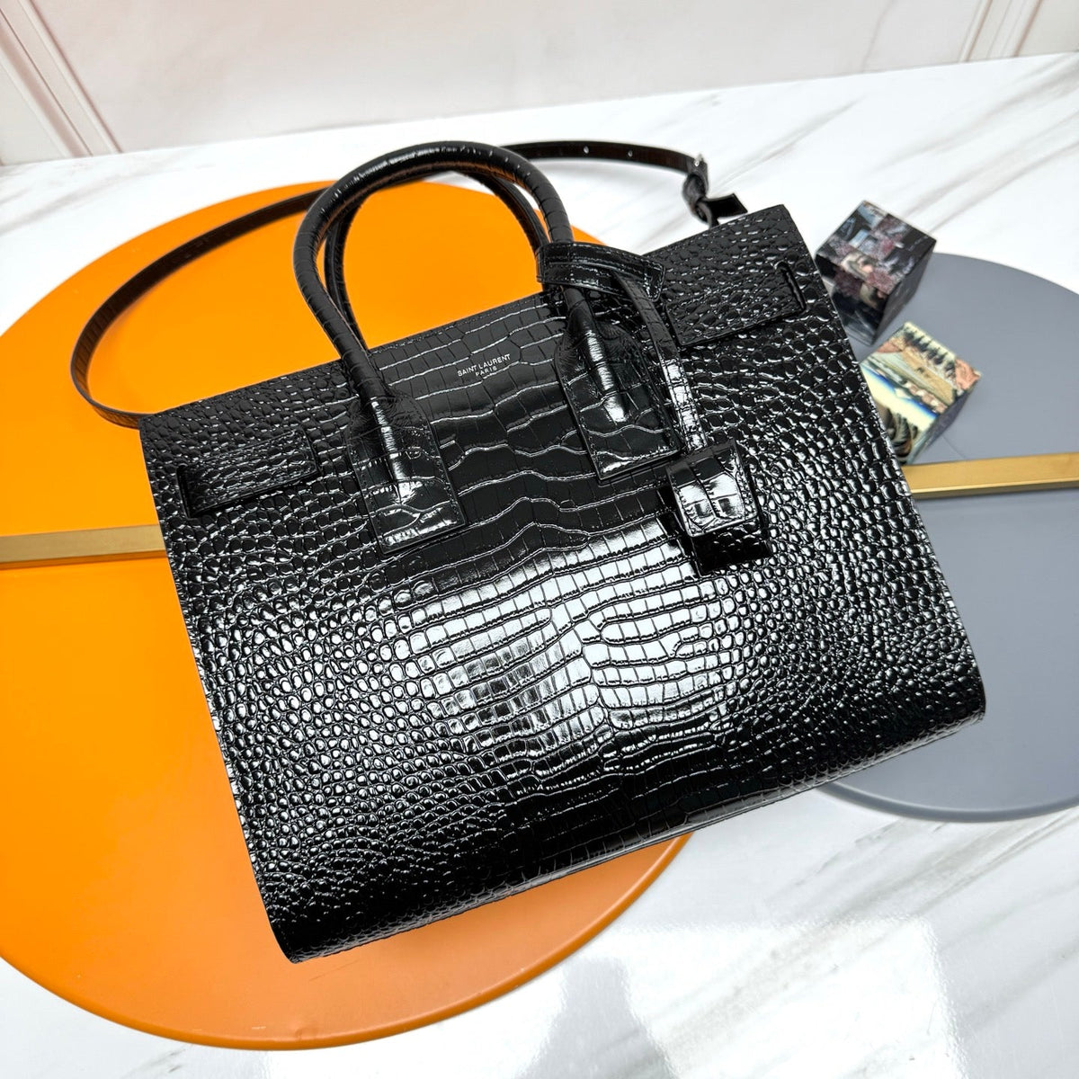 YSL Sac de Jour Baby 32cm Black in Crocodile-patterned Cowhide 285791