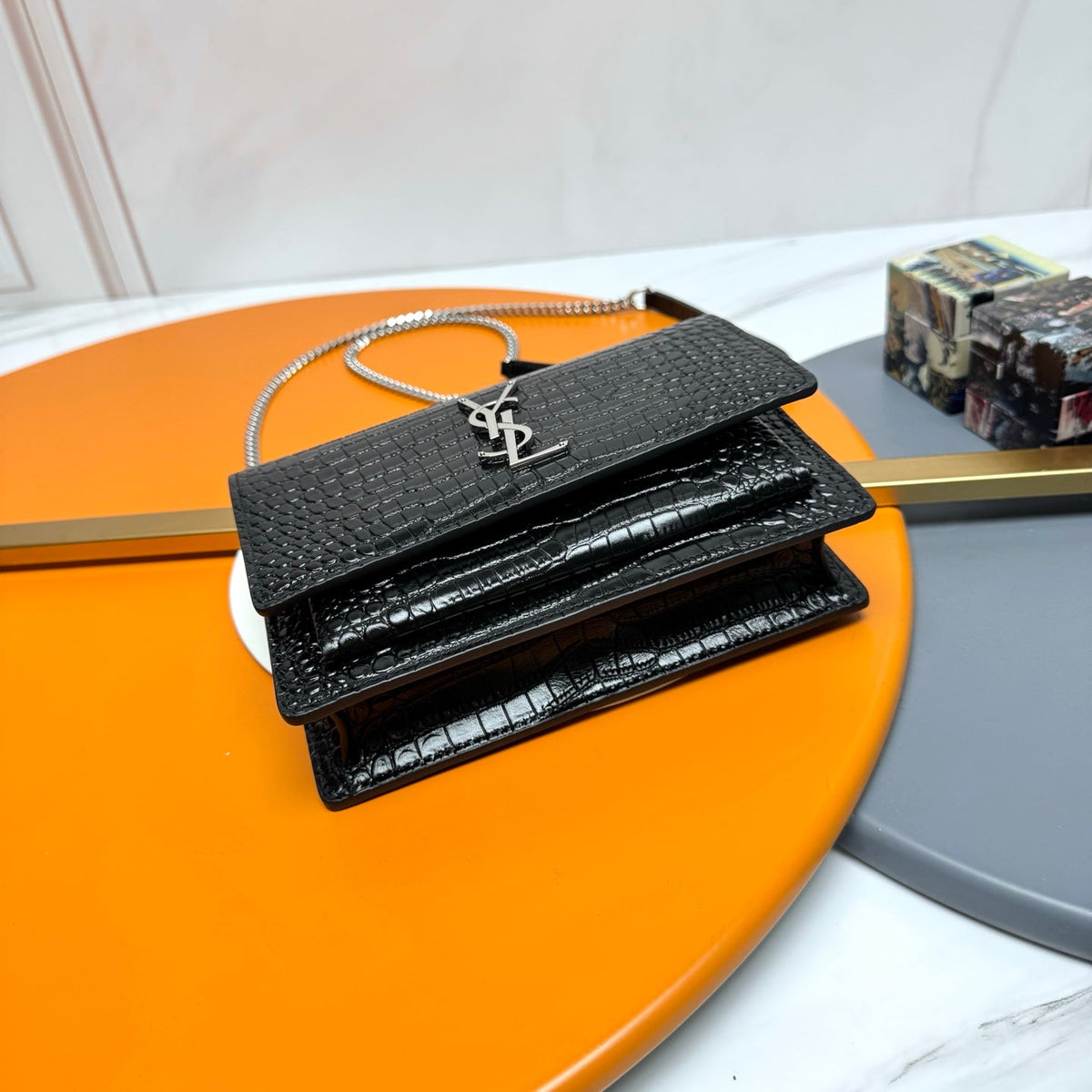 YSL Sunset Bag 19cm Black in Crocodile Pattern 285683