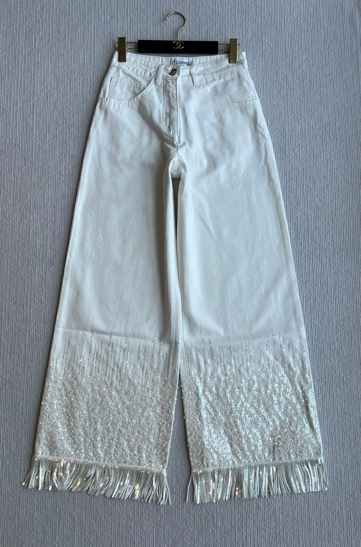 CC 25SS Wide-Leg Pants Beaded Tassel White Denim 277238