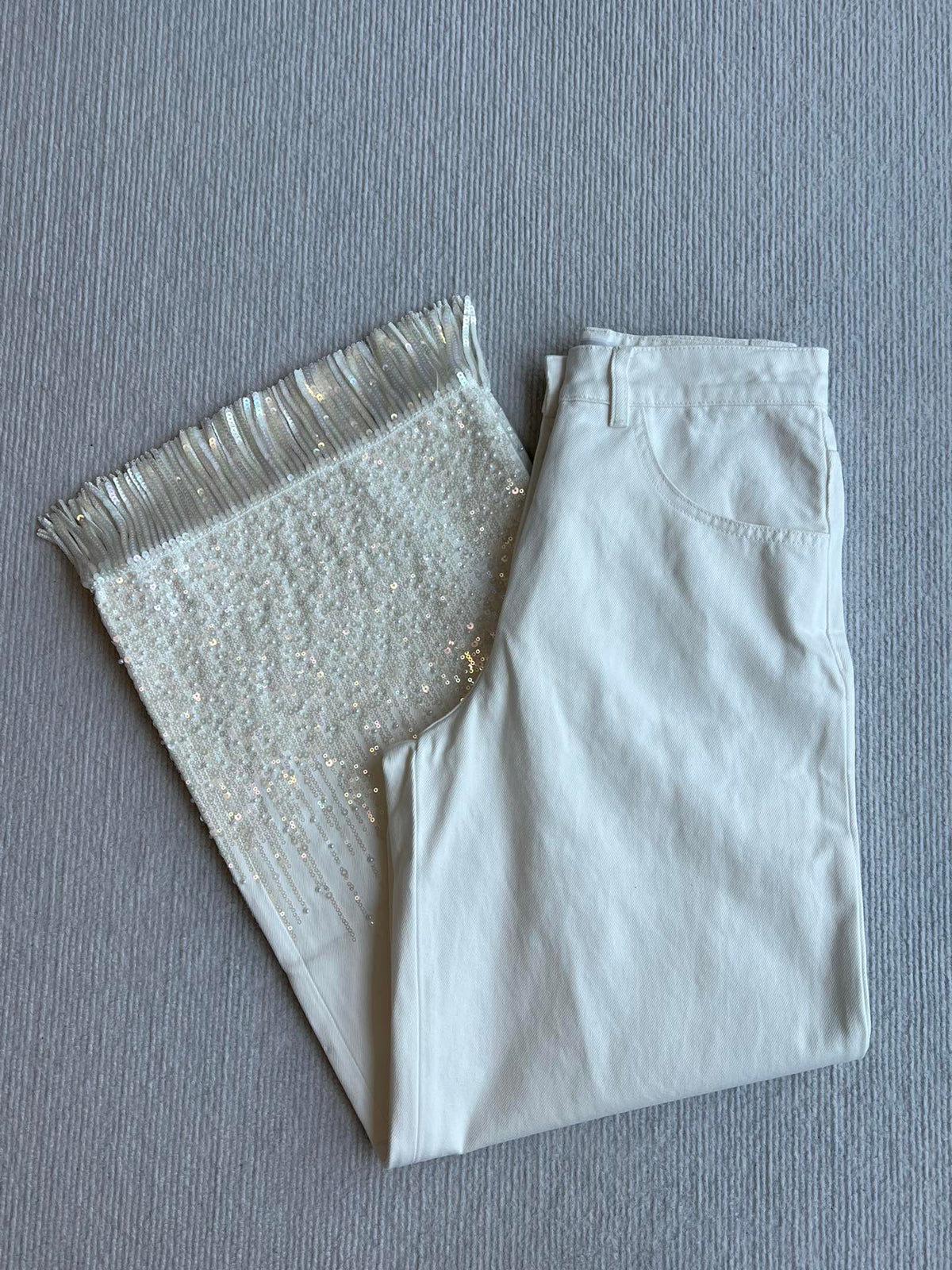 CC 25SS Wide-Leg Pants Beaded Tassel White Denim 277238
