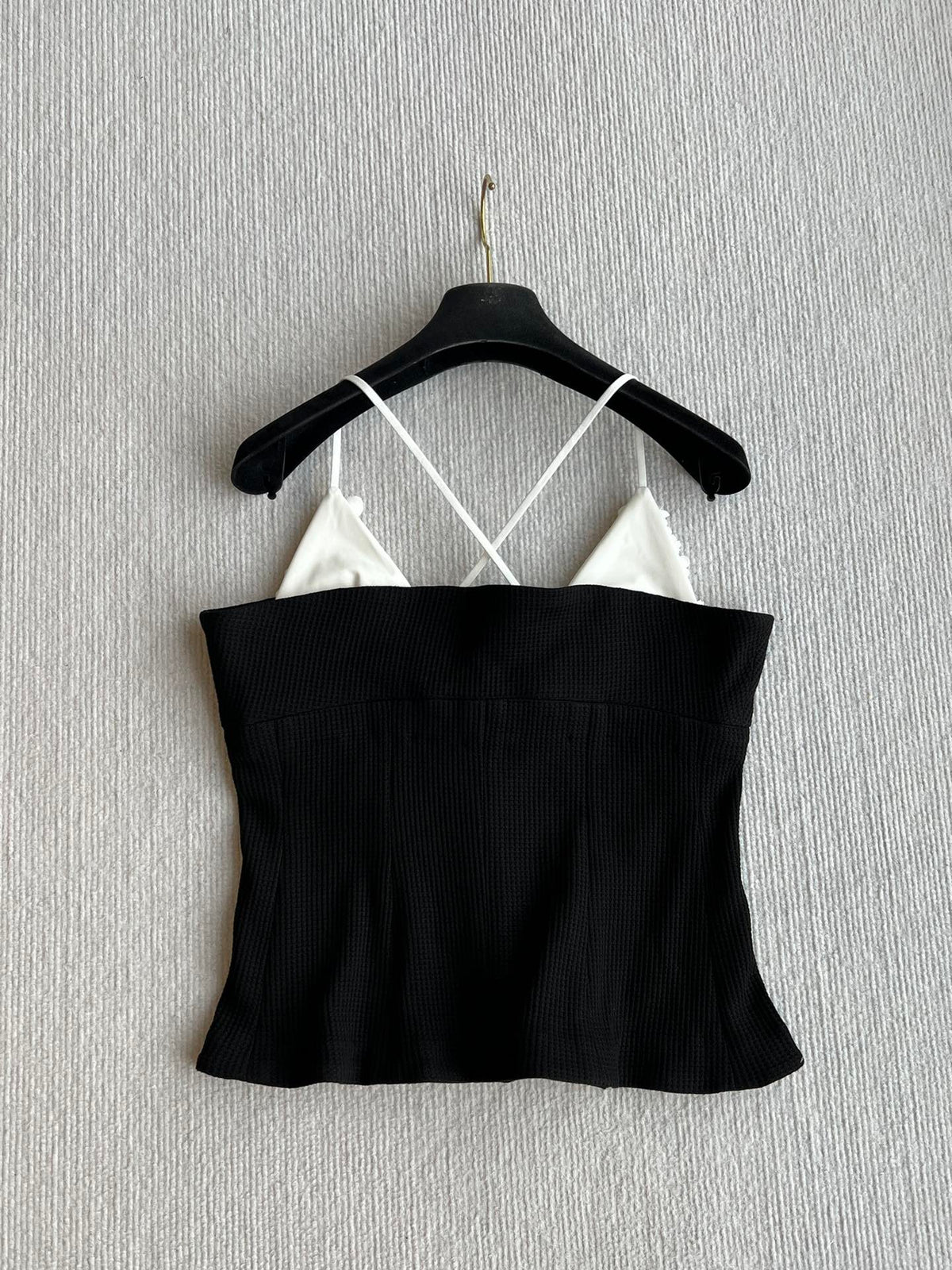 CC 25 Splicing Tube Top Camisole Black and White Mixed Fiber Waffle Jacquard Fabric 275554