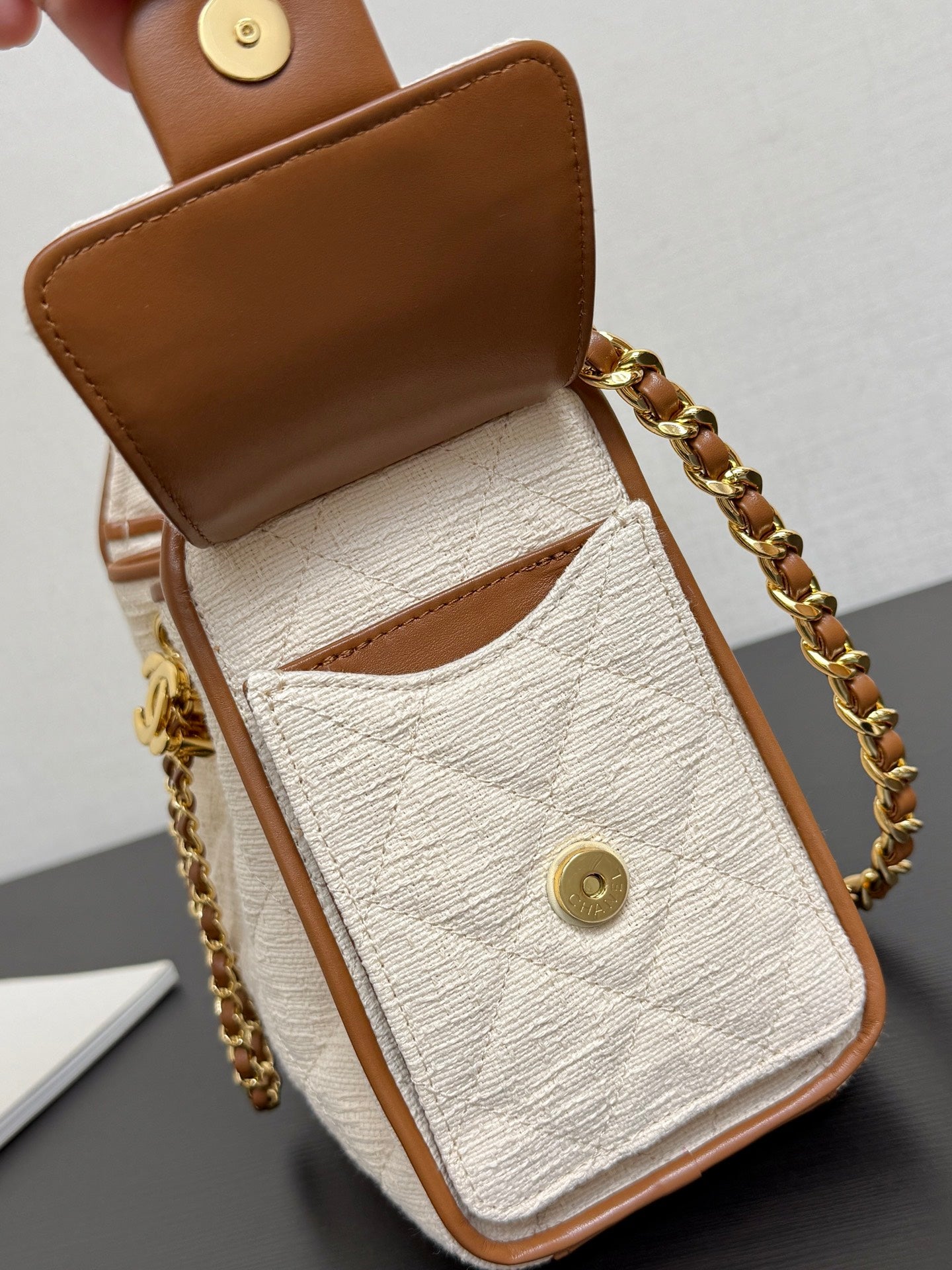 CC 2026ss Small Handbag 22cm Ivory Brown Canvas Calfskin