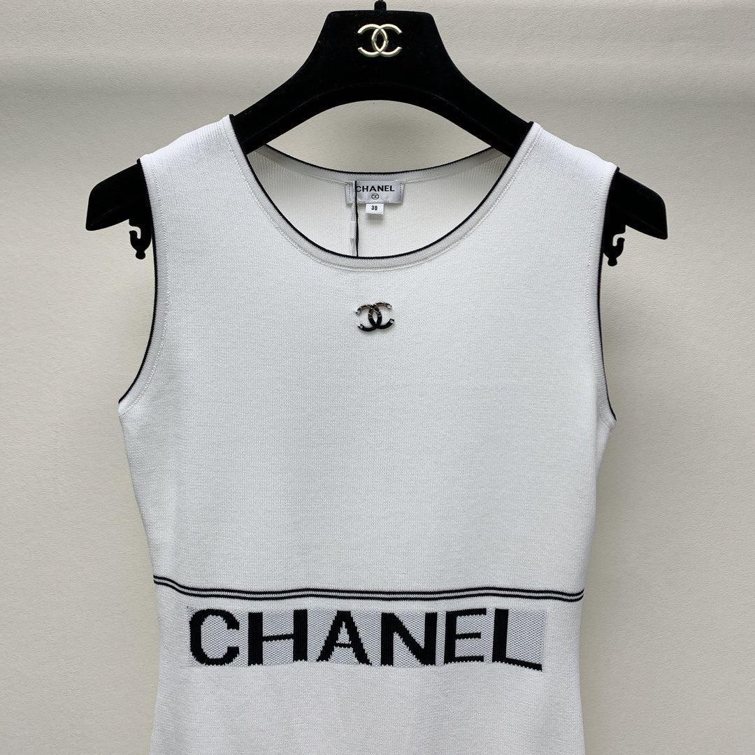 CC 25 Round Neck Knitted Embroidered Logo Vest Dress in White  277584