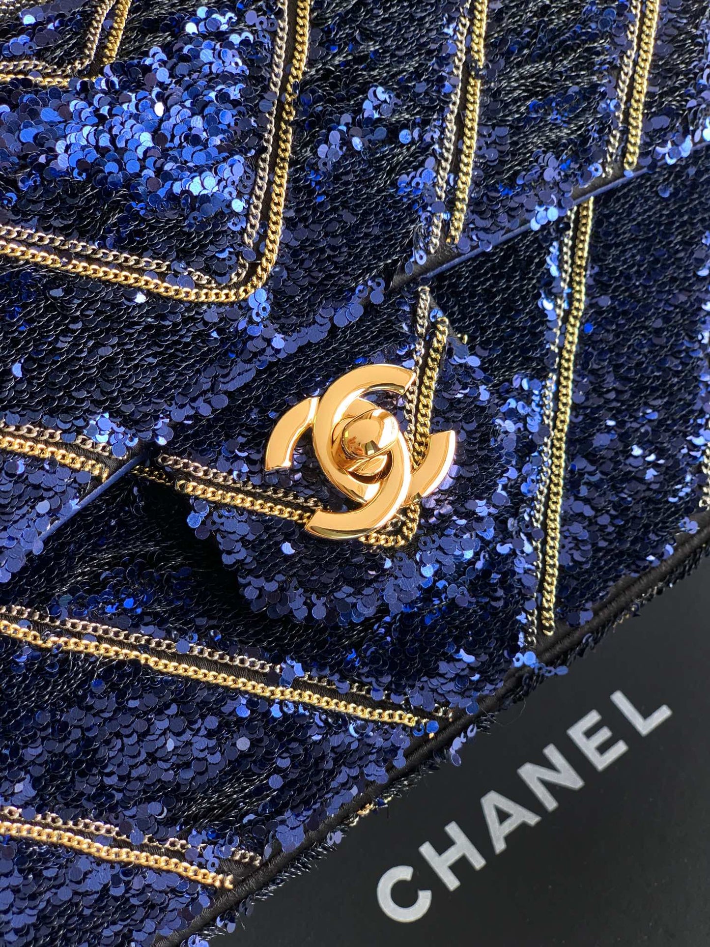 CC 26K Flap Bag 21cm Navy Blue Silk Sequin