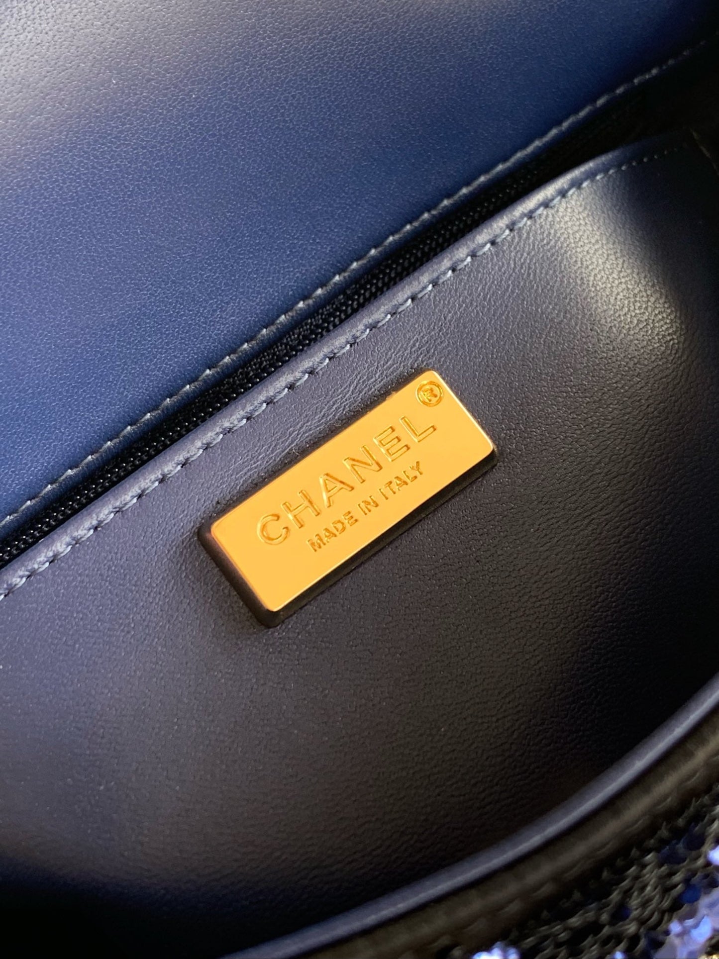 CC 26K Flap Bag 21cm Navy Blue Silk Sequin