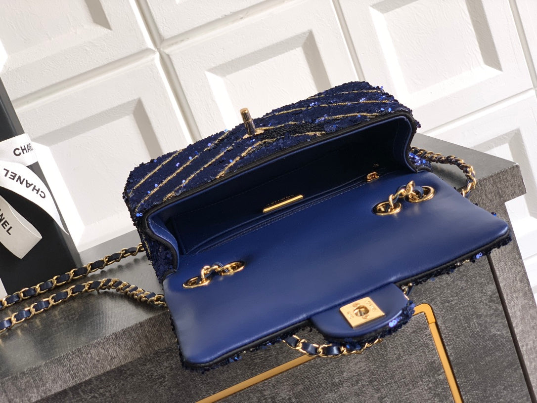 CC 26K Flap Bag 21cm Navy Blue Silk Sequin