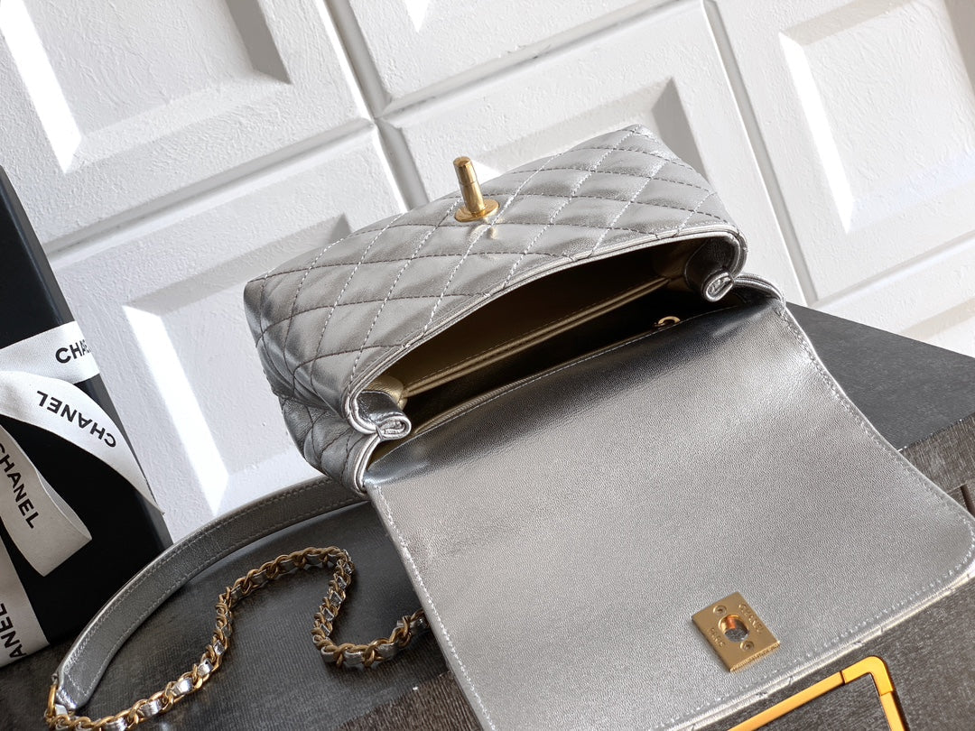 CC Coco Top Handle Bag 19cm Sliver Metalic Quited Leather