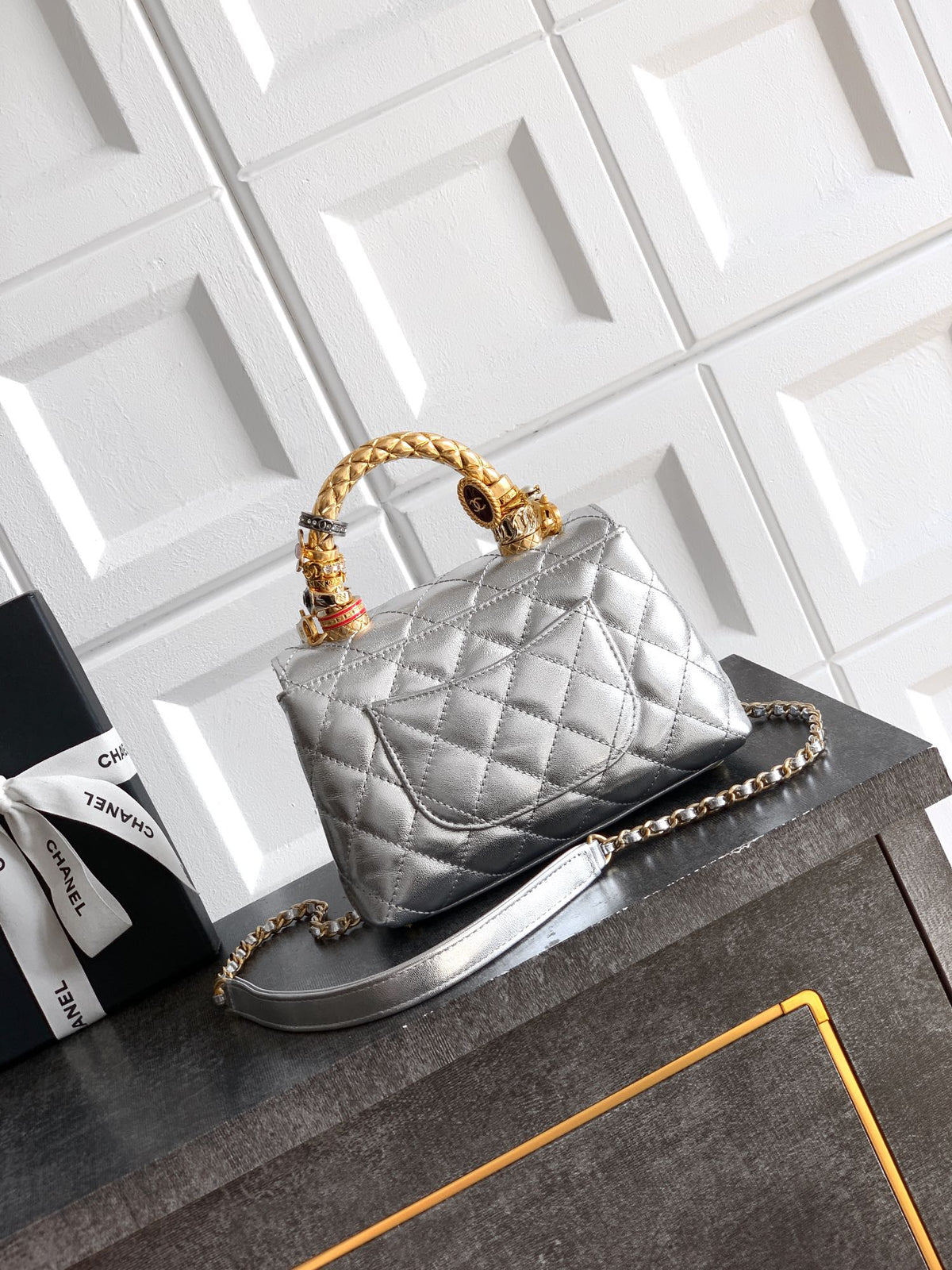 CC Coco Top Handle Bag 19cm Sliver Metalic Quited Leather