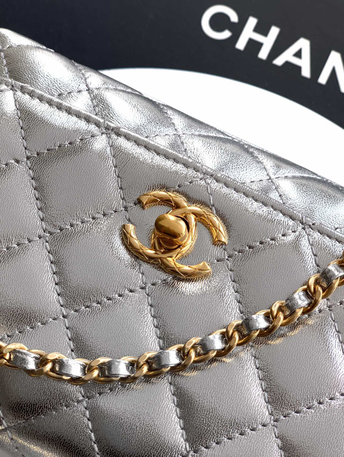 CC Coco Top Handle Bag 19cm Sliver Metalic Quited Leather