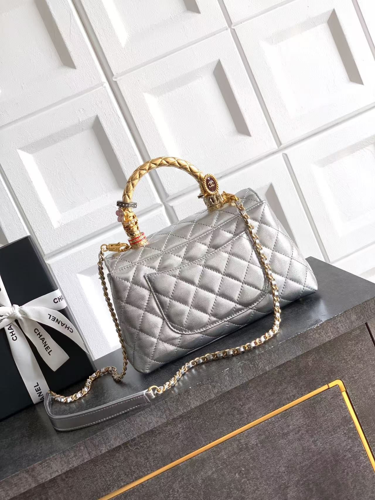 CC Coco Top Handle Bag 23cm Sliver Metalic Quited Leather