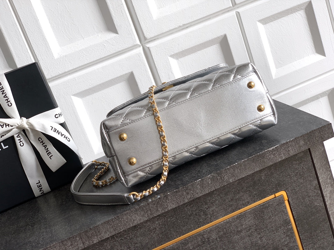 CC Coco Top Handle Bag 23cm Sliver Metalic Quited Leather
