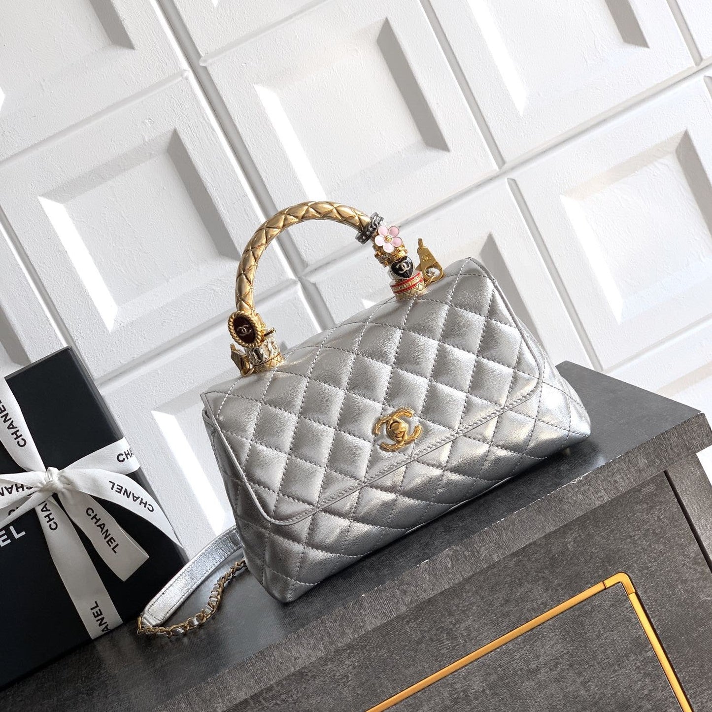 CC Coco Top Handle Bag 23cm Sliver Metalic Quited Leather