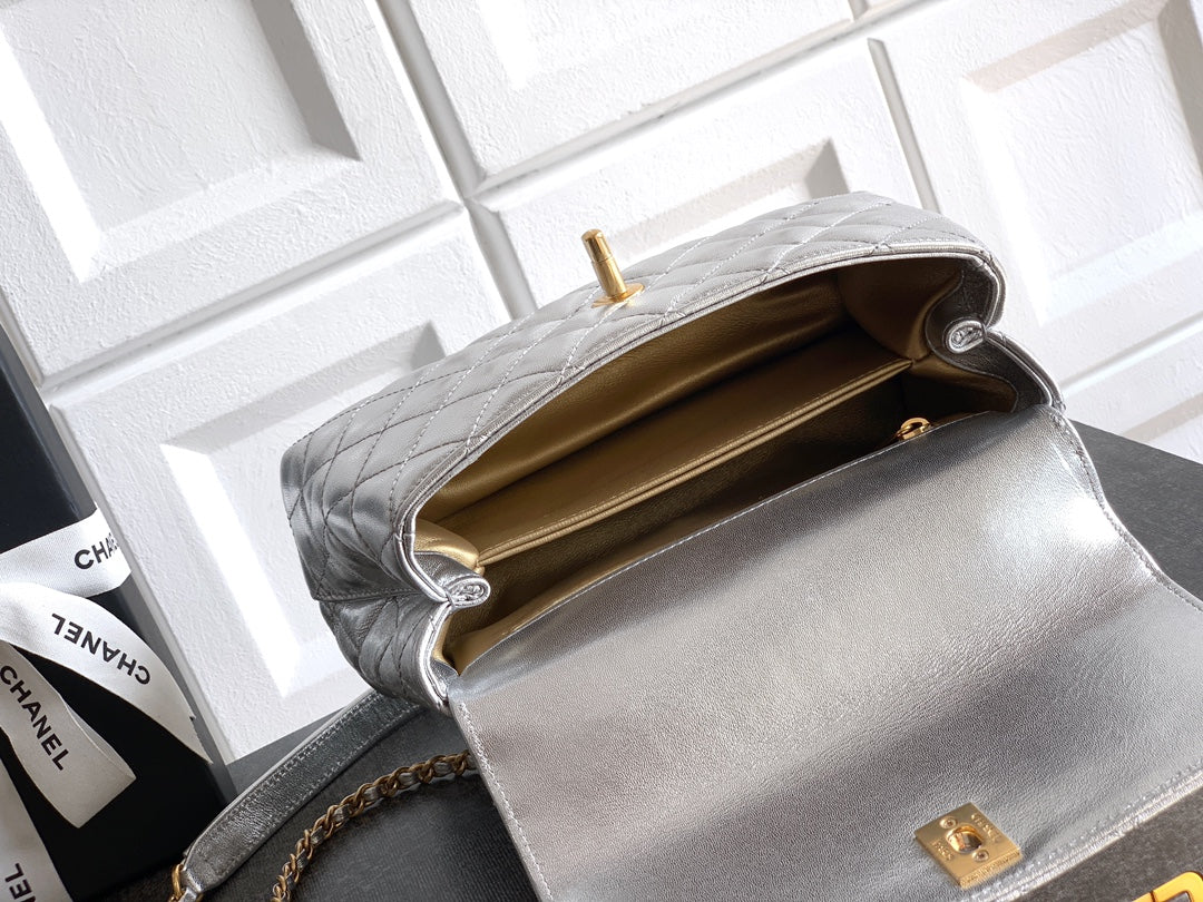 CC Coco Top Handle Bag 23cm Sliver Metalic Quited Leather