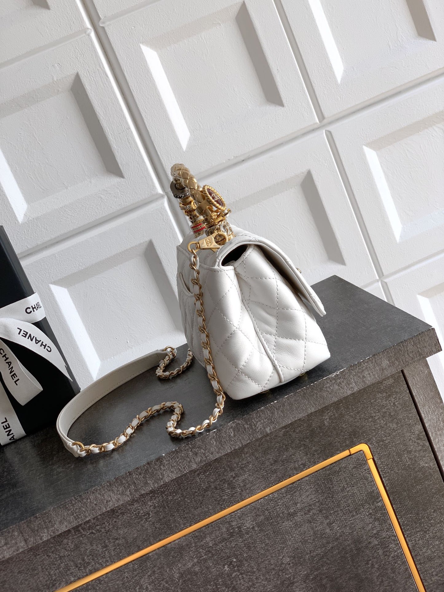 CC Coco Top Handle Bag 19cm White Quited Leather