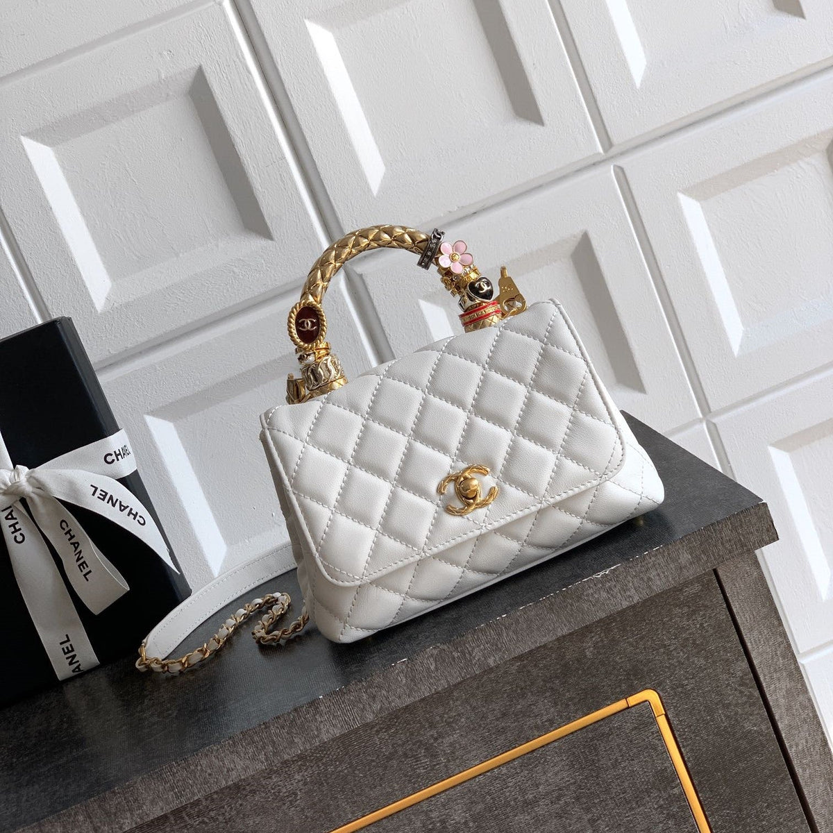 CC Coco Top Handle Bag 19cm White Quited Leather