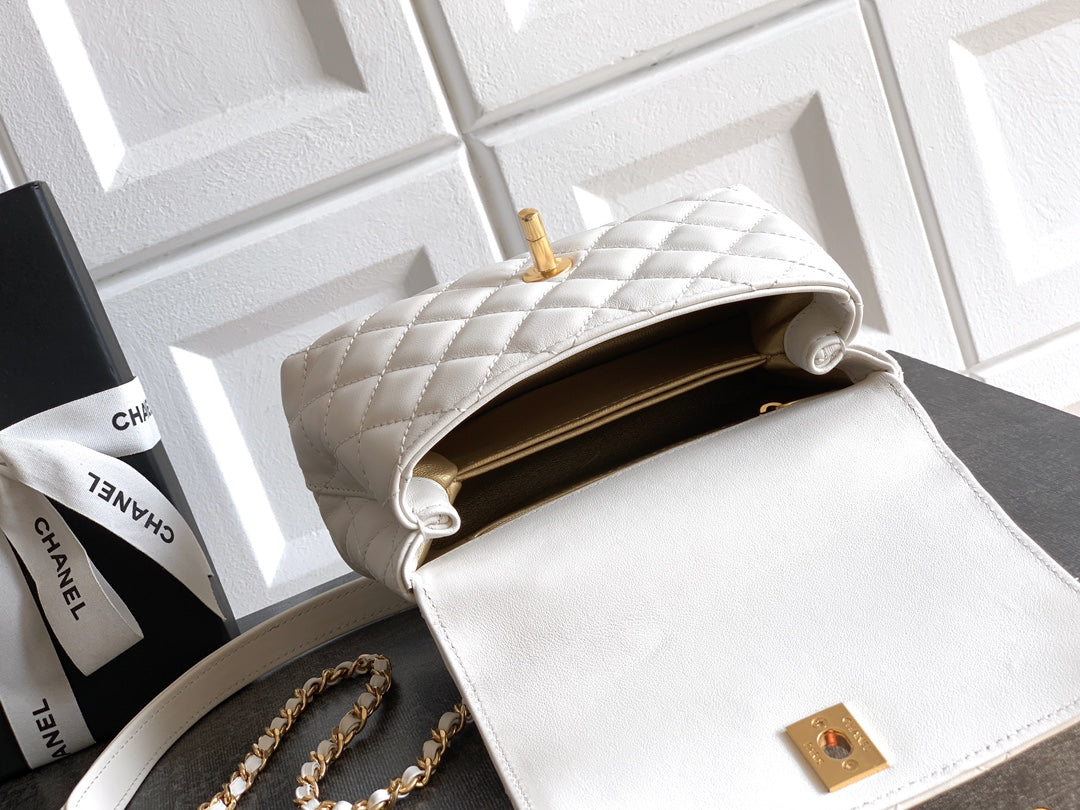 CC Coco Top Handle Bag 19cm White Quited Leather