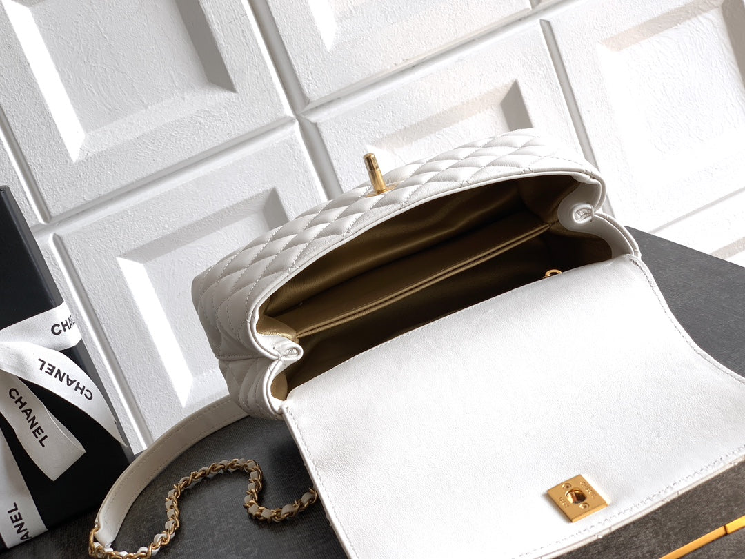 CC Coco Top Handle Bag 23cm White Quited Leather