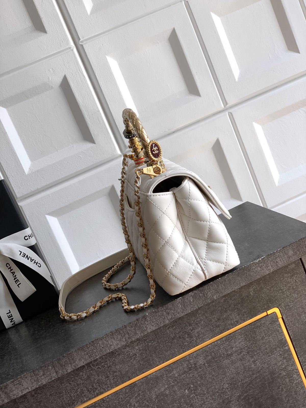 CC Coco Top Handle Bag 23cm White Quited Leather