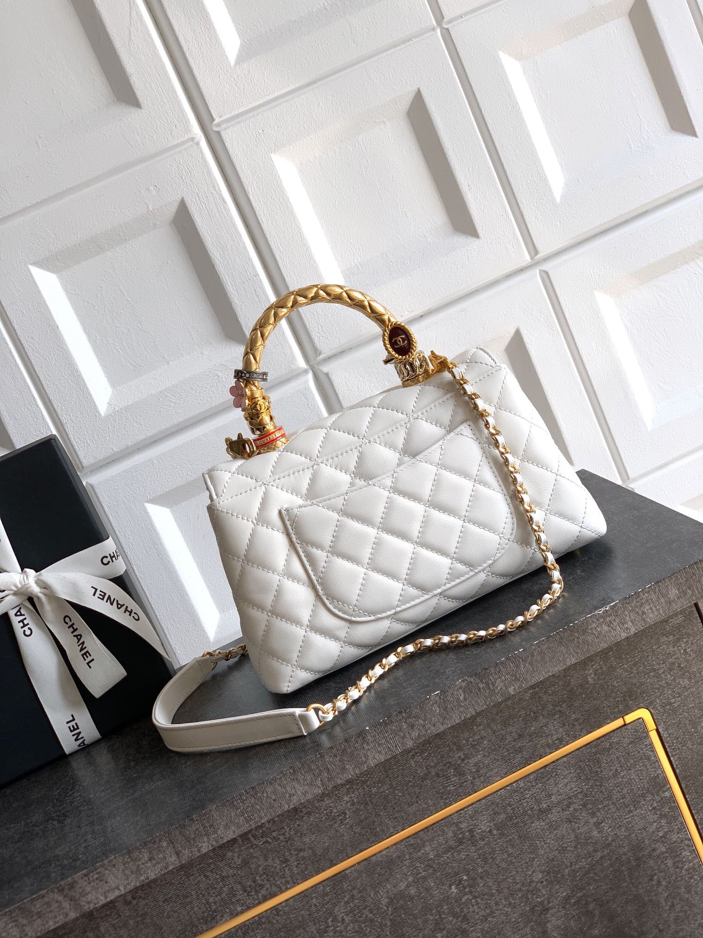 CC Coco Top Handle Bag 23cm White Quited Leather