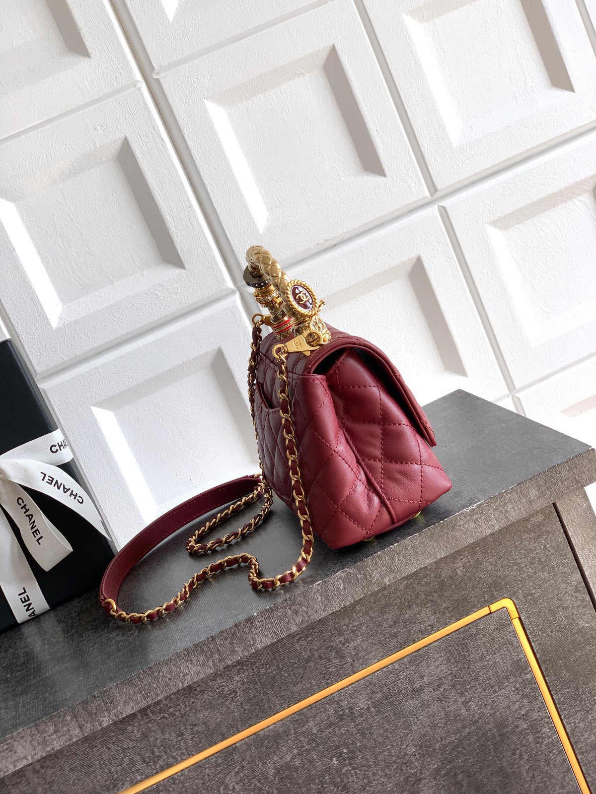 CC Coco Top Handle Bag 19cm Burgundy Quited Leather