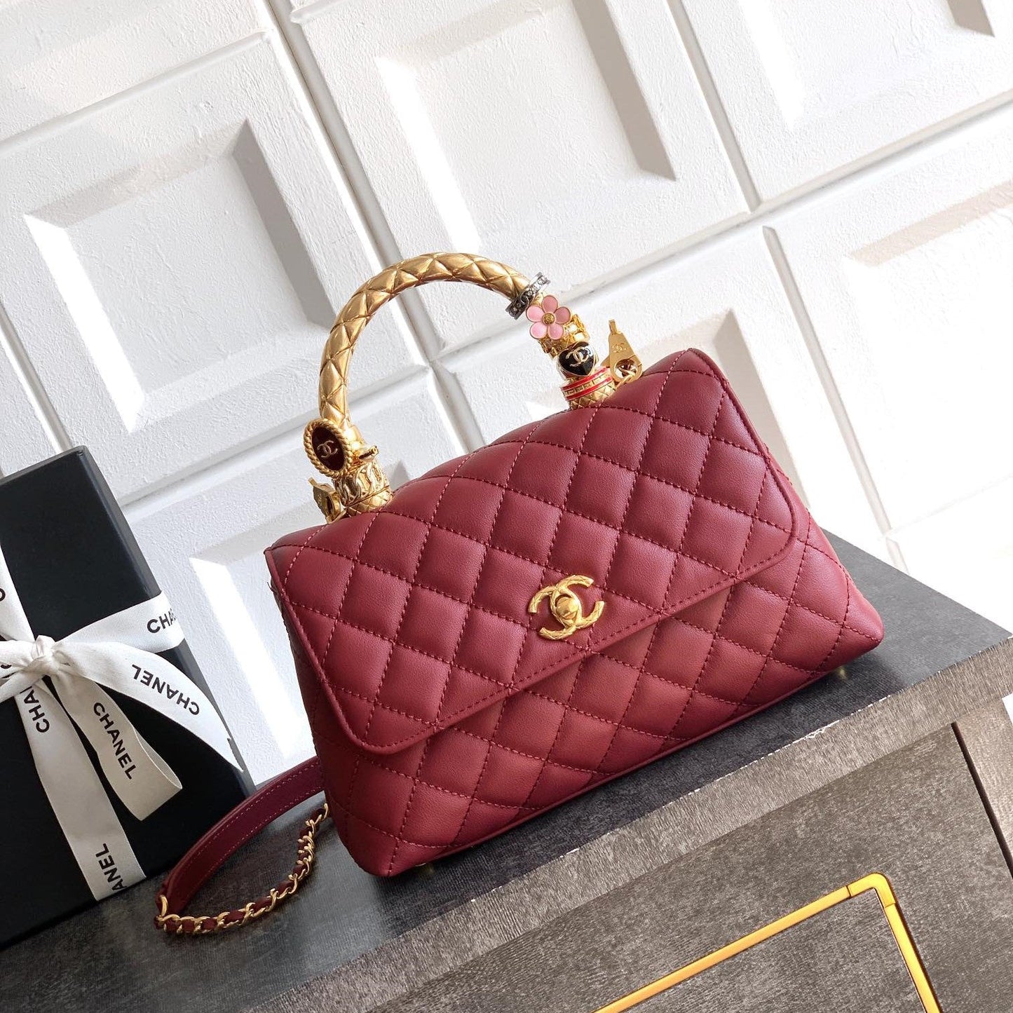 CC Coco Top Handle Bag 23cm Burgundy Quited Leather