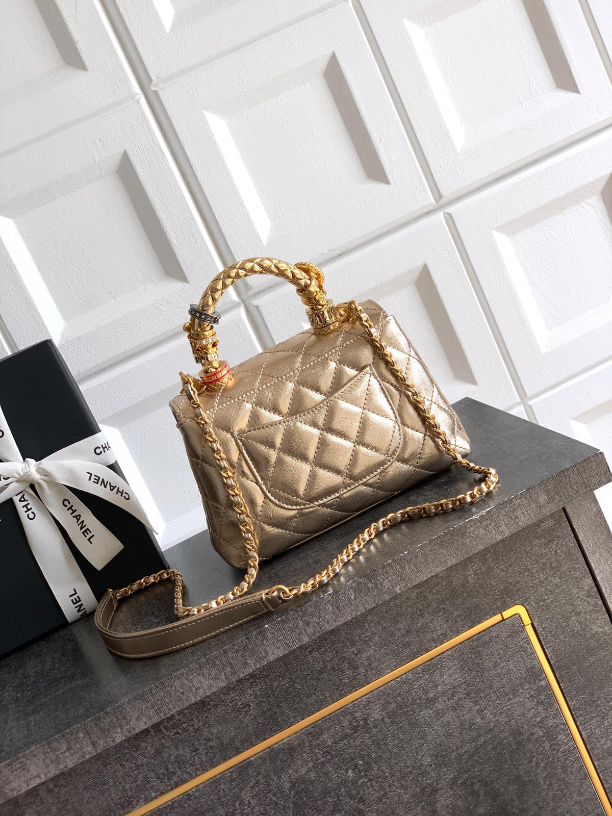 CC Coco Top Handle Bag 19cm Gold Metalic Quited Leather