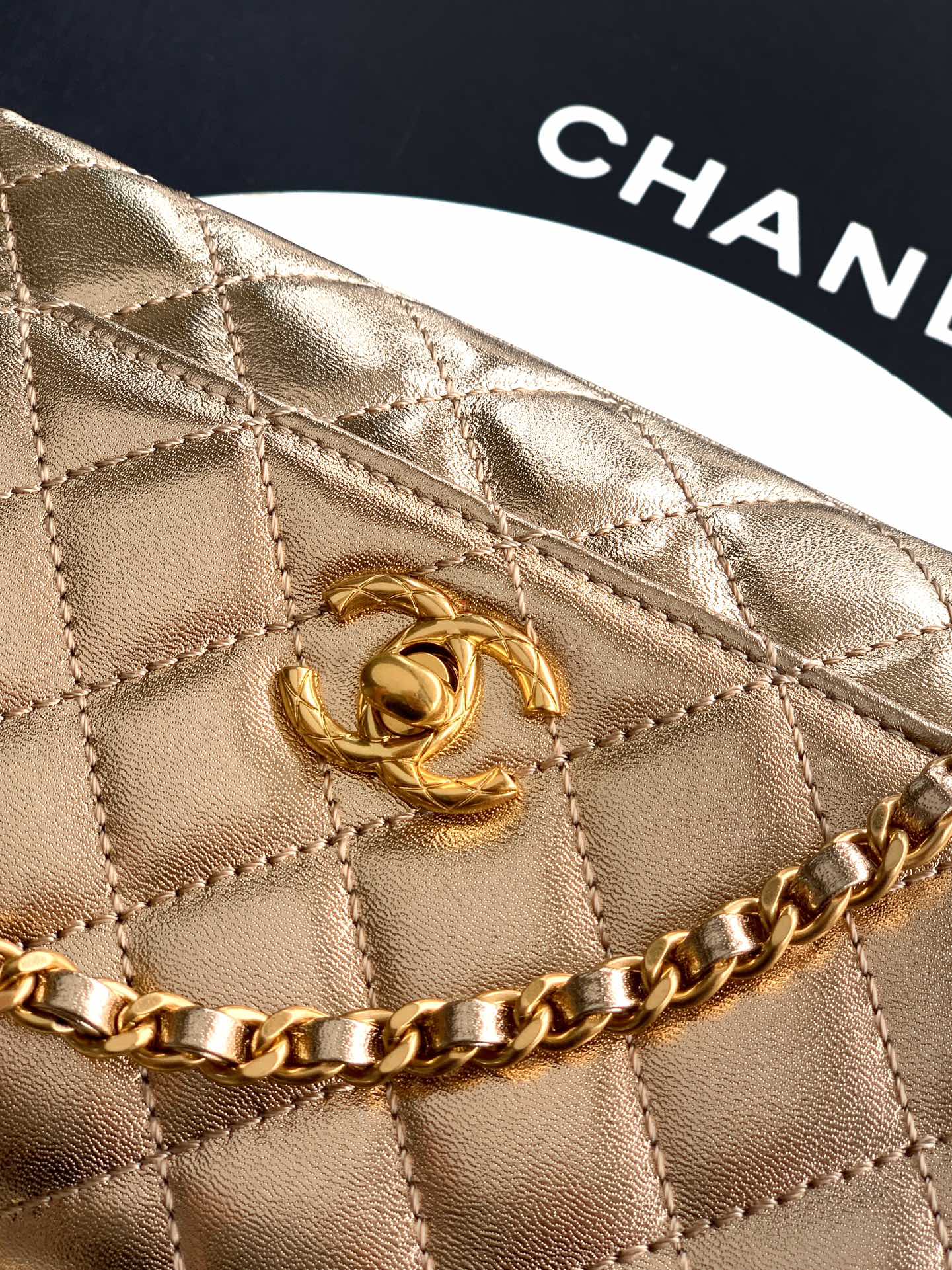 CC Coco Top Handle Bag 19cm Gold Metalic Quited Leather