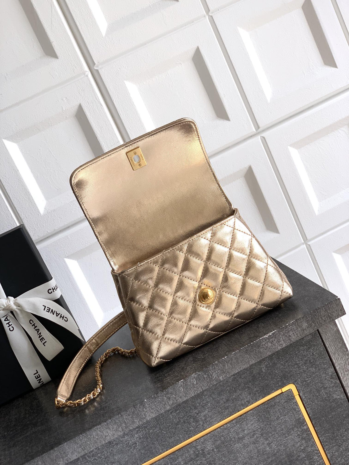 CC Coco Top Handle Bag 19cm Gold Metalic Quited Leather