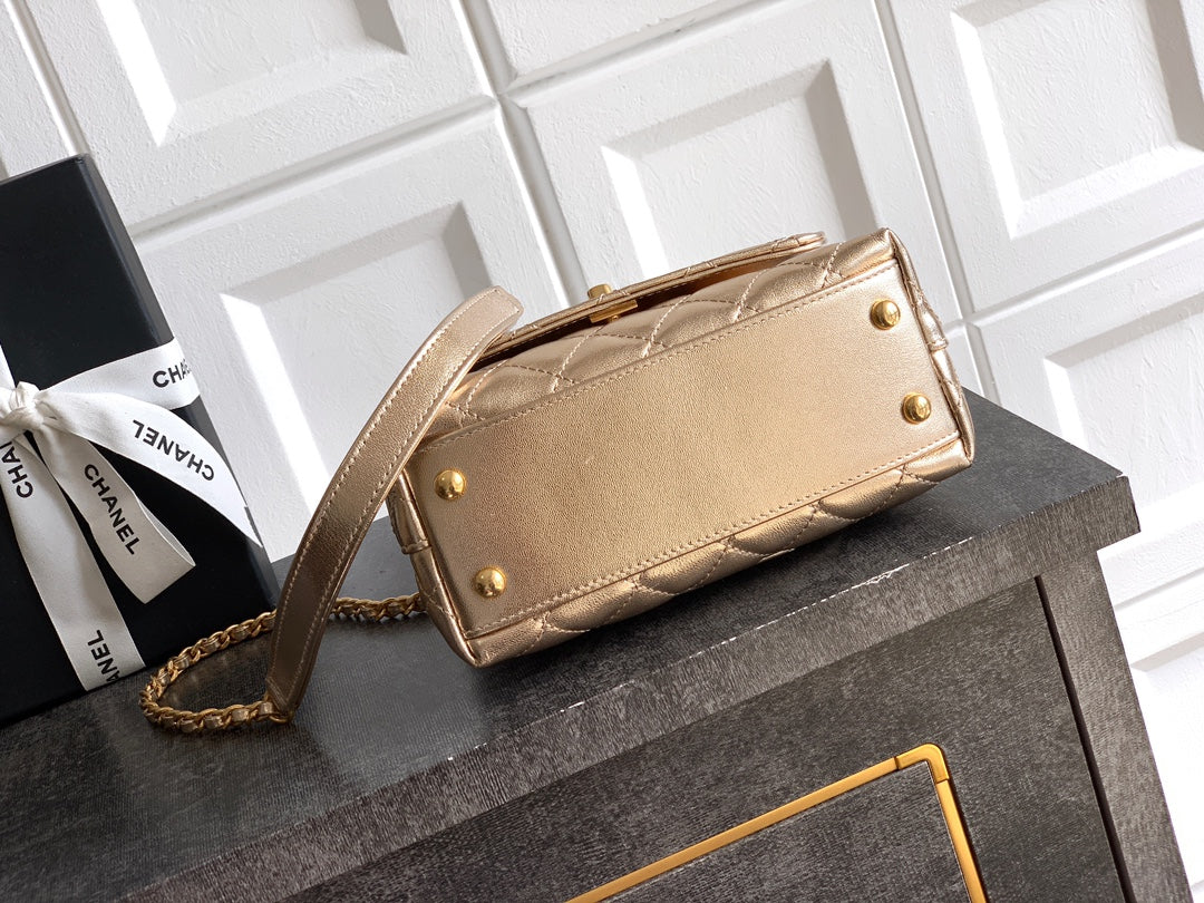 CC Coco Top Handle Bag 19cm Gold Metalic Quited Leather