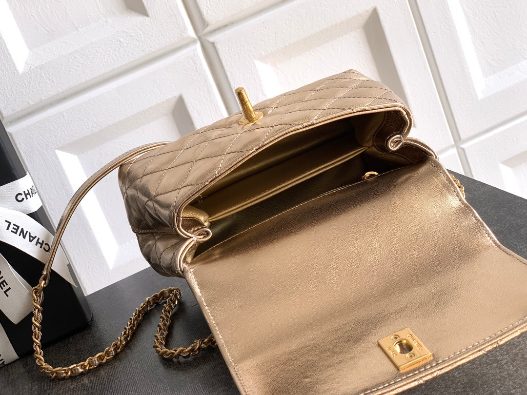CC Coco Top Handle Bag 19cm Gold Metalic Quited Leather