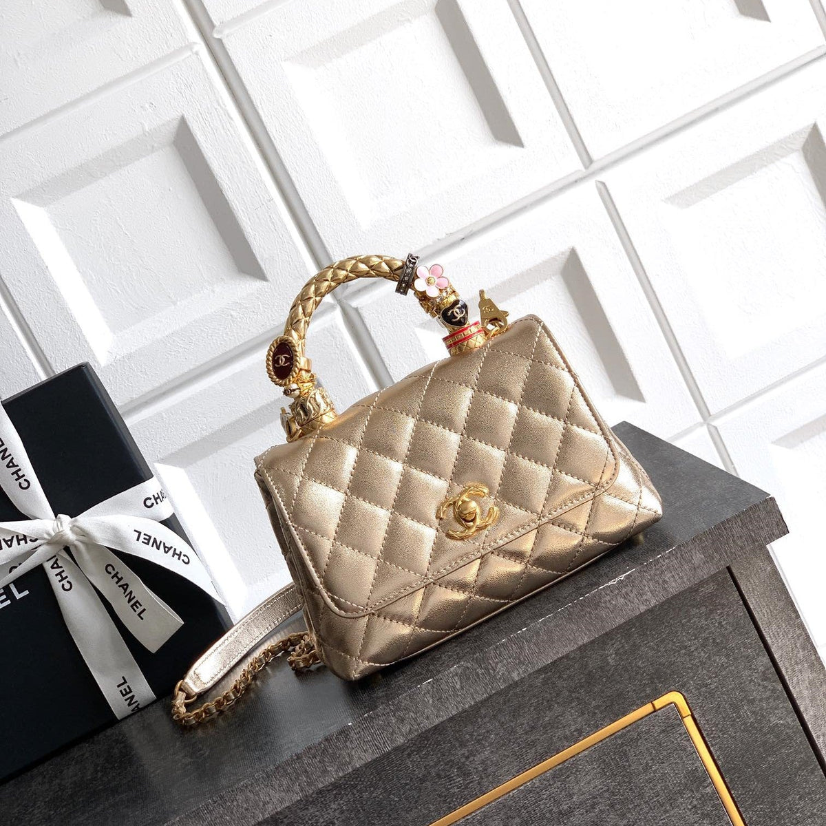 CC Coco Top Handle Bag 19cm Gold Metalic Quited Leather