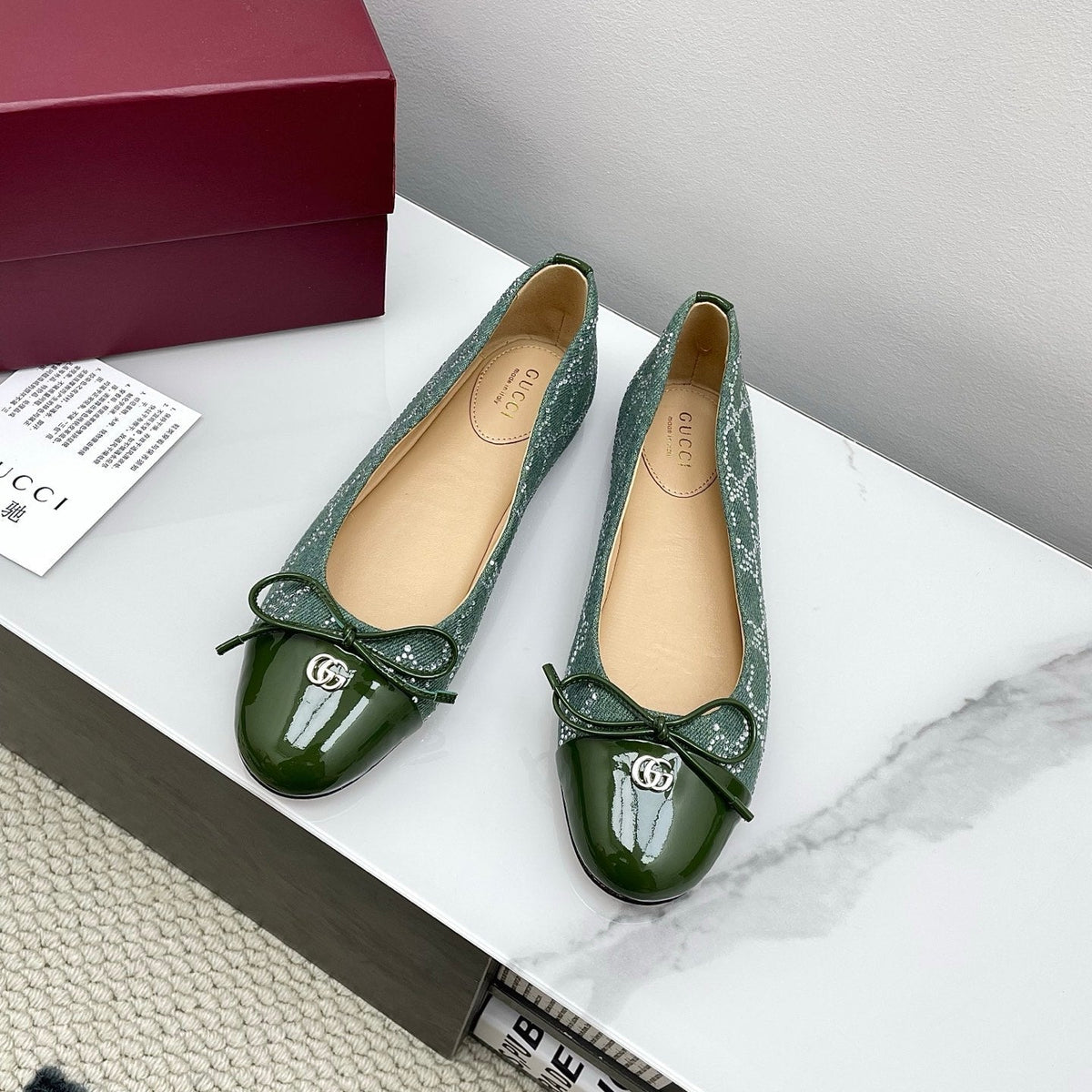 GG Women's Crystal Ballet Flat Dark Green Denim Patent Leather Trim 511495