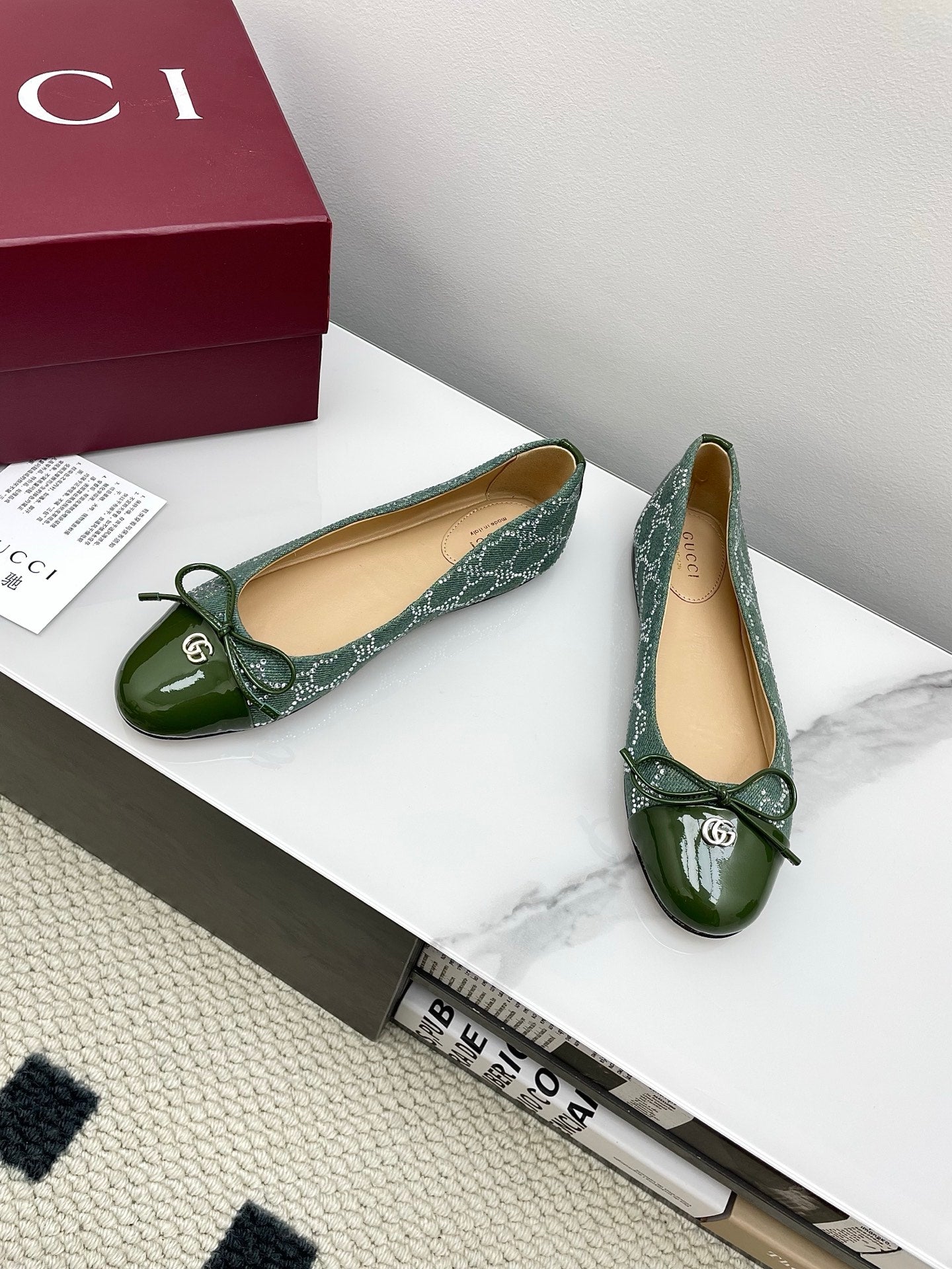 GG Women's Crystal Ballet Flat Dark Green Denim Patent Leather Trim 511495