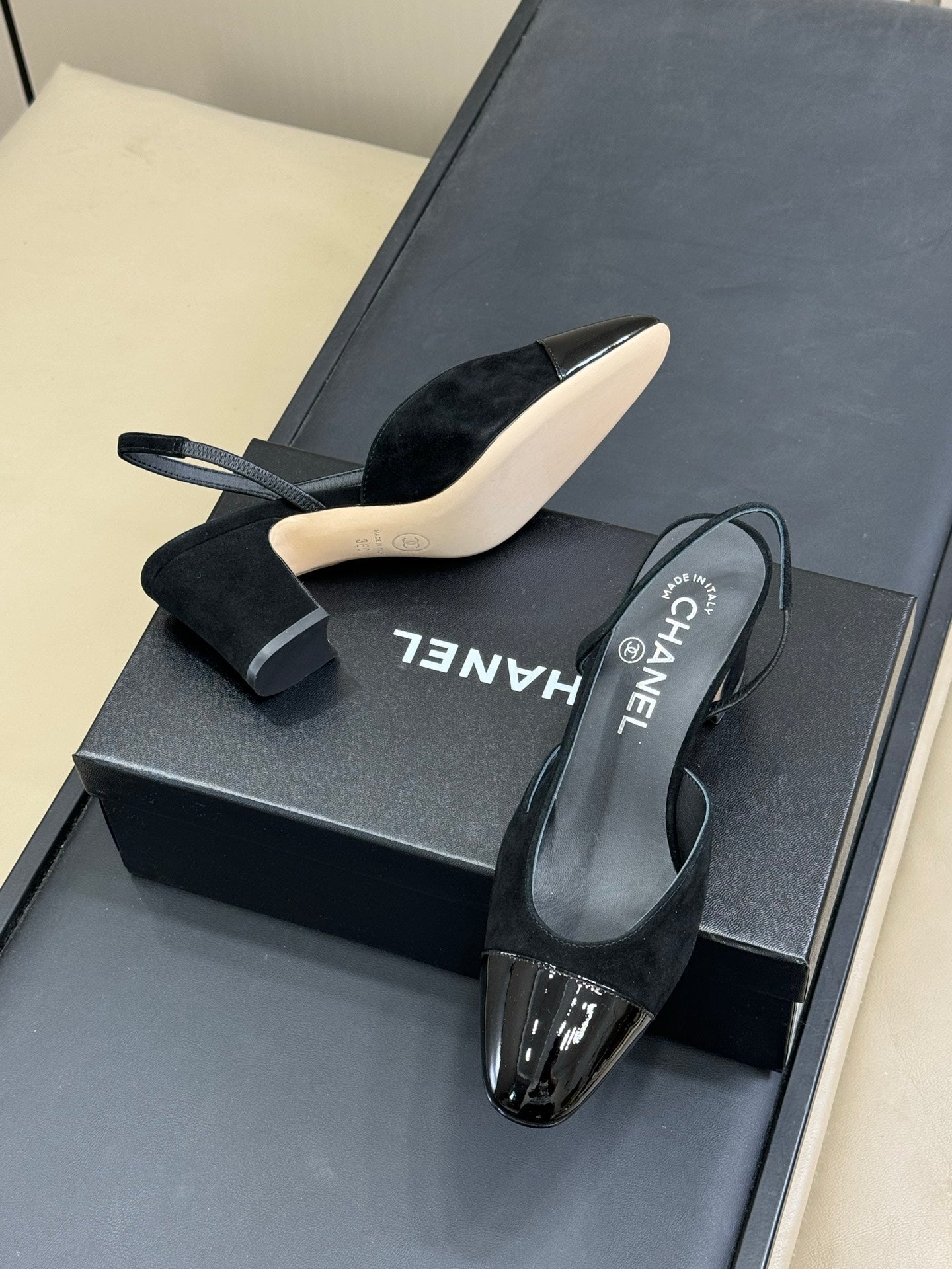 CC Classic Slingback Black Suede Mix Black Patent Calfskin 282285