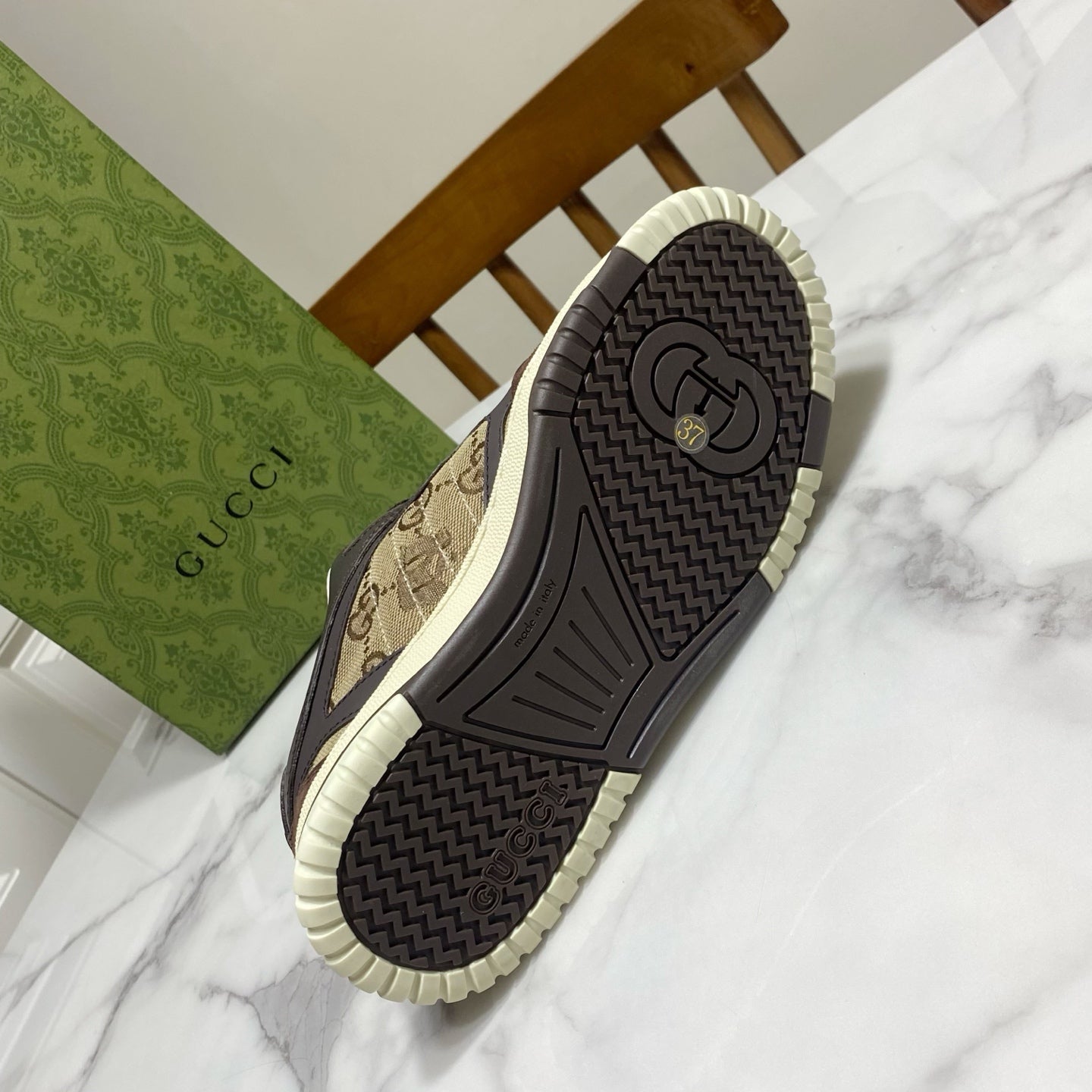GG 26s Re-Web Trainer Sneakers In Brown Calfskin And Beige Canvas