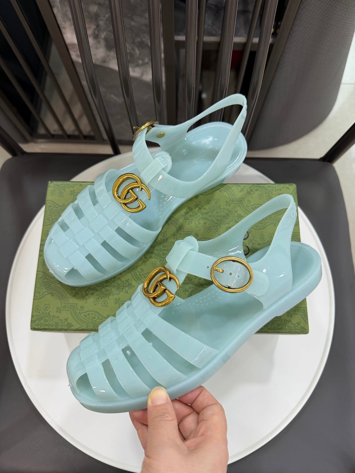GG Sandals with Double G Light Blue Gold TPU 818211