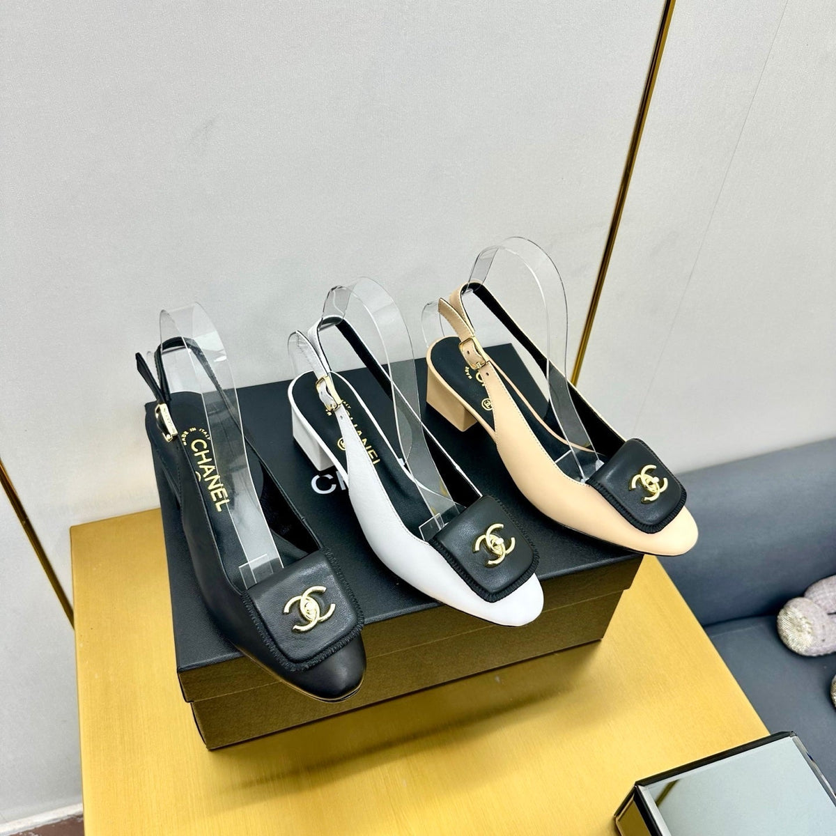 CC Slingback 25s In Black Calfskin With Gold Hardware