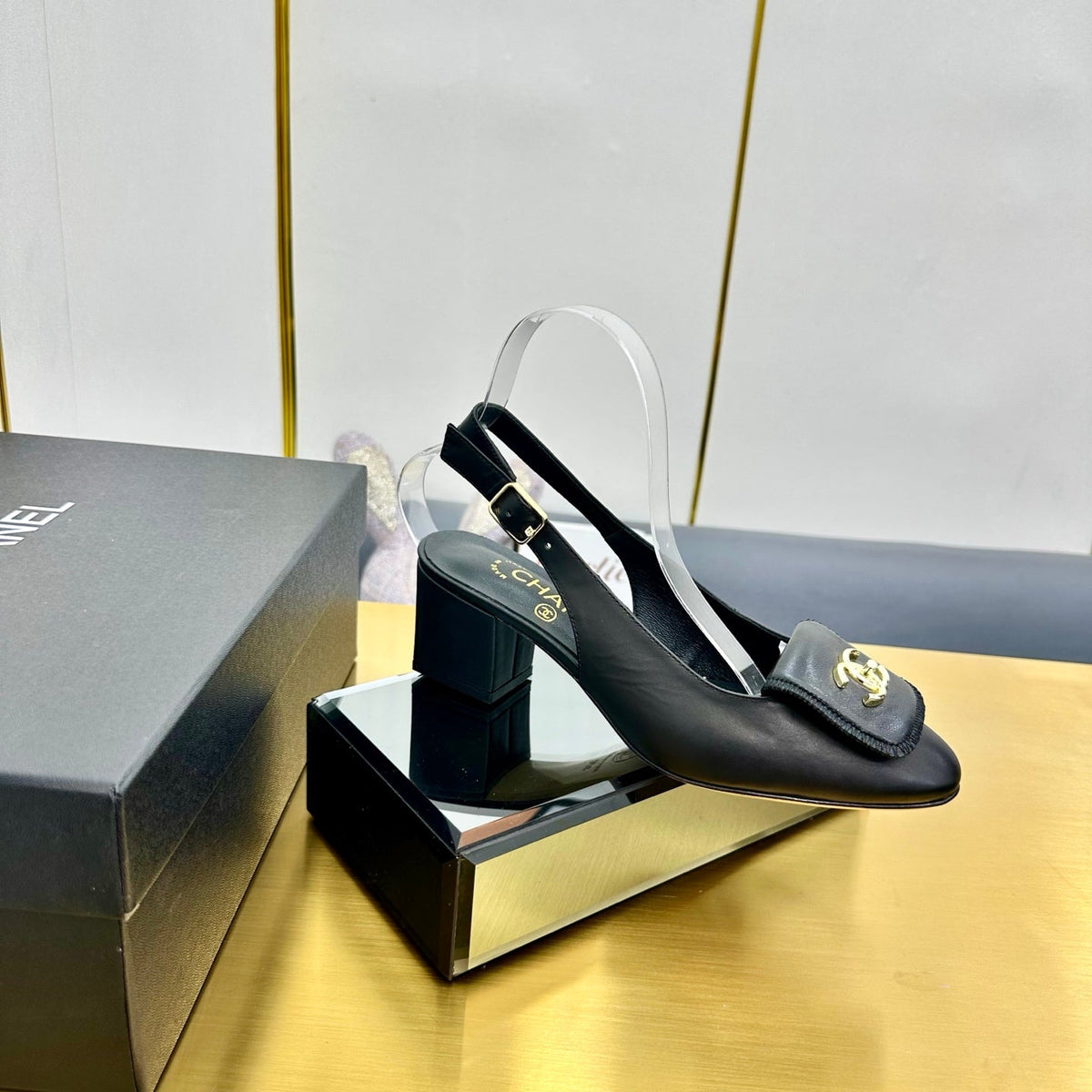 CC Slingback 25s In Black Calfskin With Gold Hardware