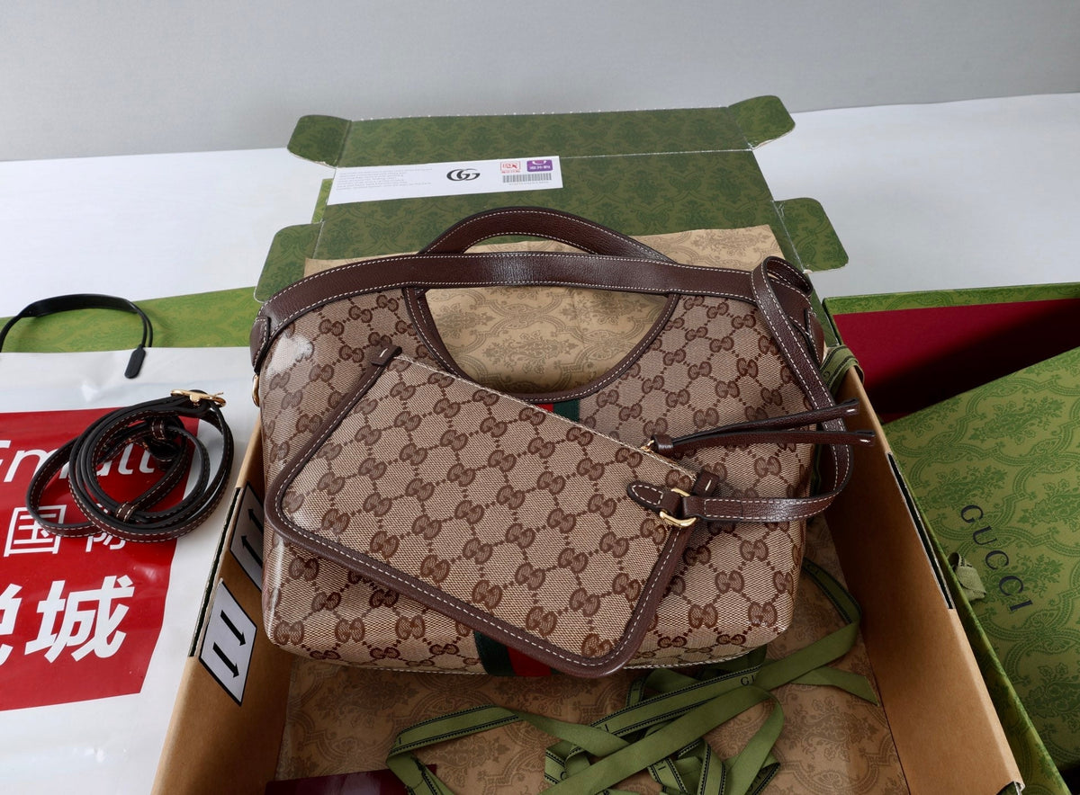 Gucci 26s Giglio Small Tote Bag Sand Brown Fabric