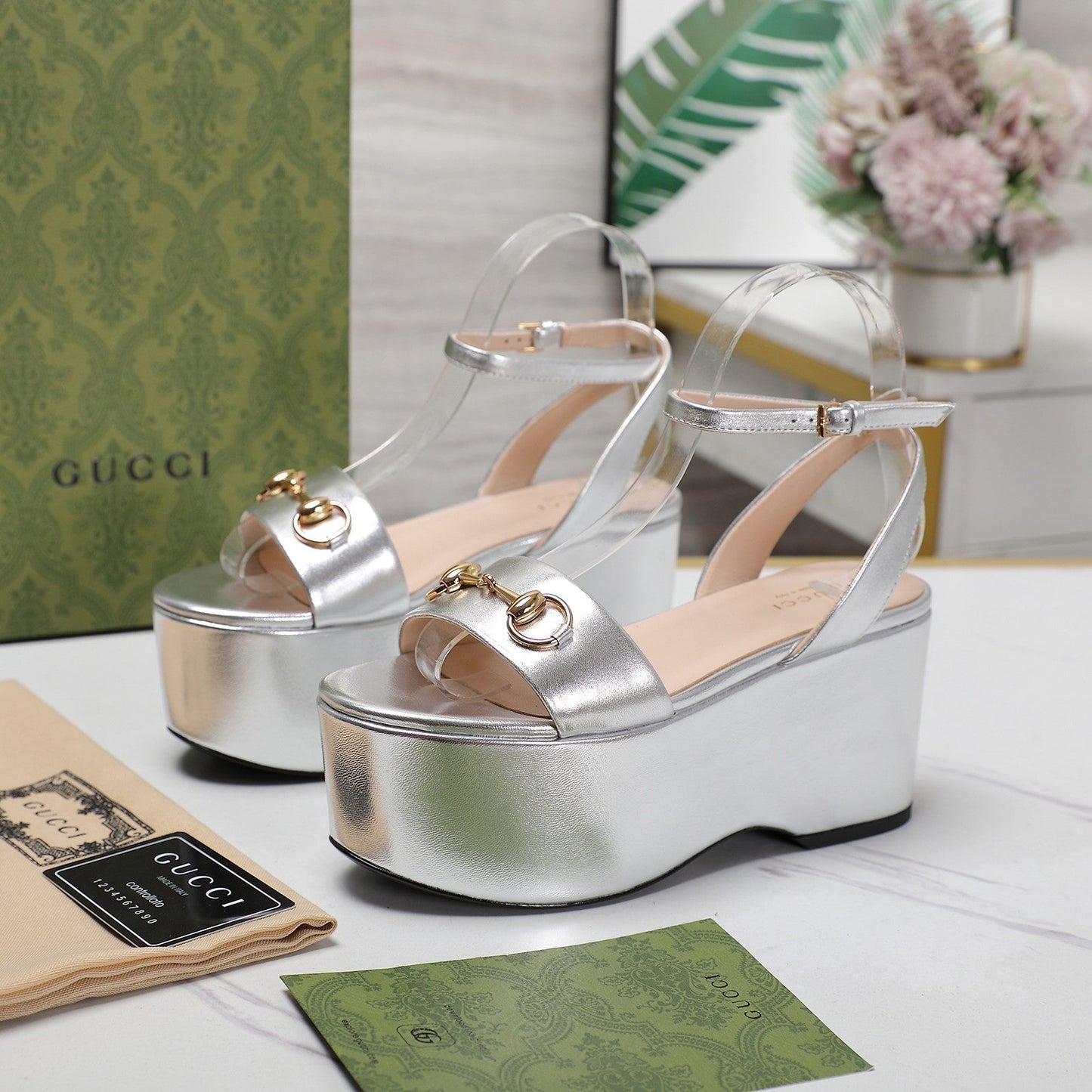GG  Horsebit Wedges Sandals Silver