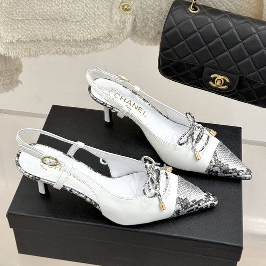 CC 25C Bowknot Slingback Sandal 60mm White Sheepskin Mix Python Pattern 265652