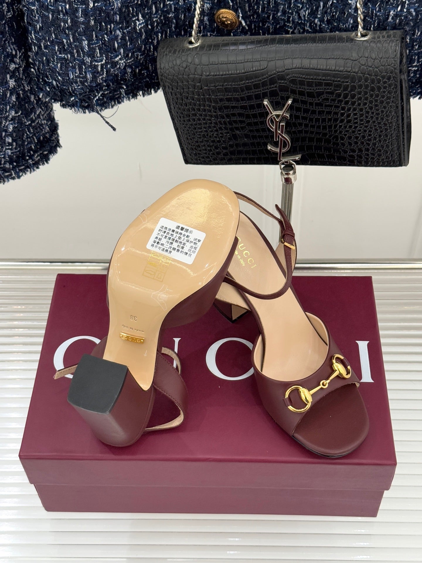 GG 26WF Chunky Heel Sandals 5cm Rosso Ancora Sheepskin 632553