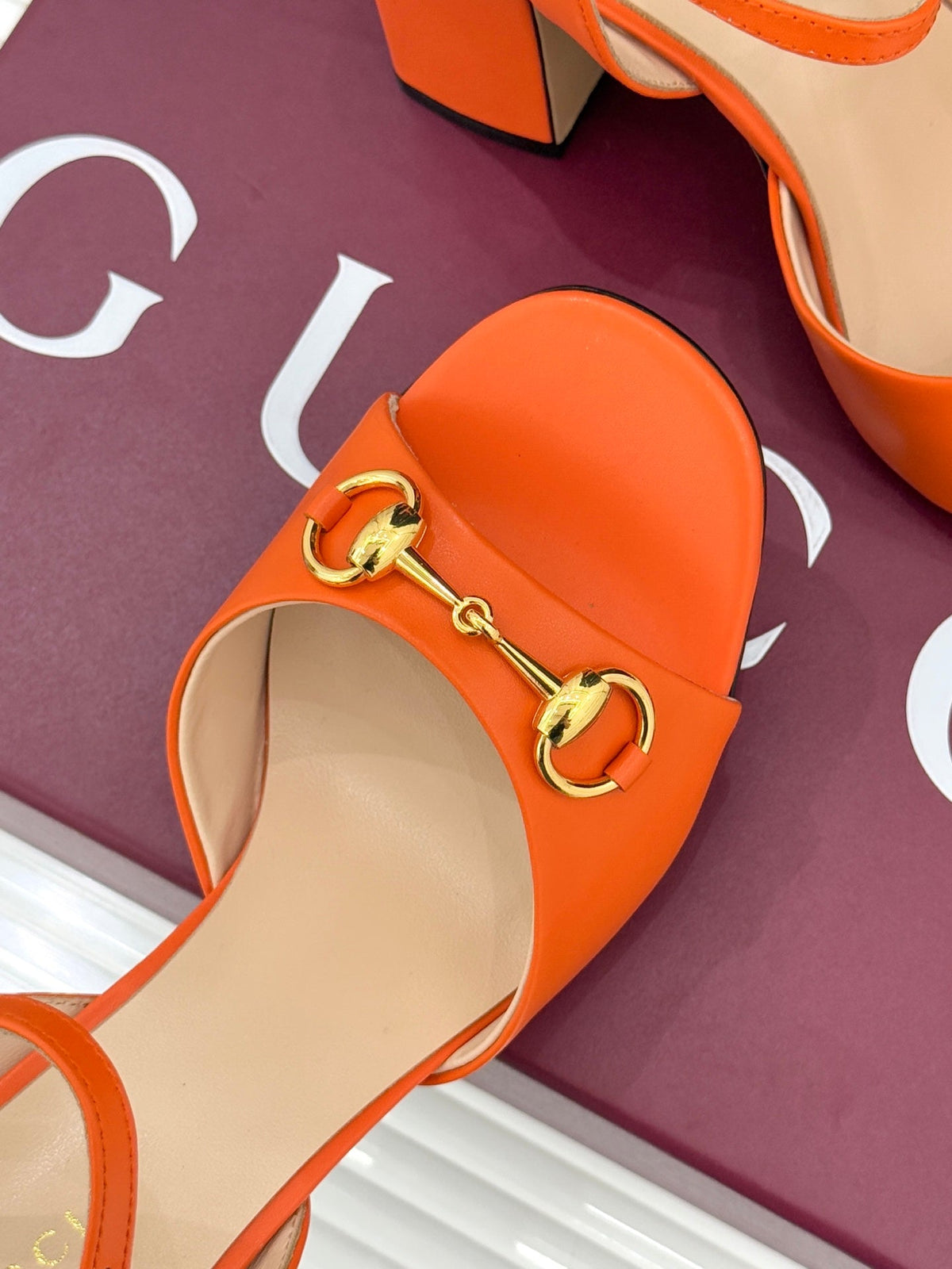 GG 26WF Chunky Heel Sandals 5cm Orange Sheepskin 632554